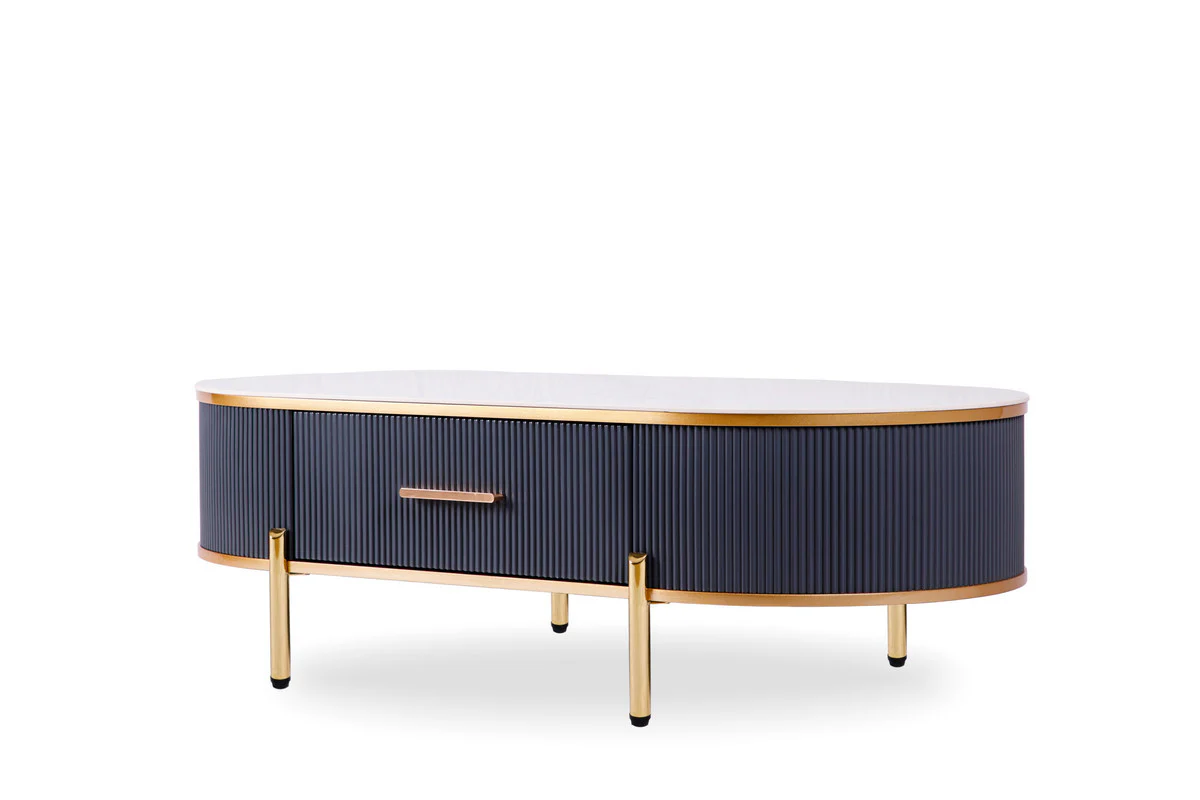 White And Gold Stone And Stainless Steel Oval Coffee Table With Drawer By Homeroots - Image 2