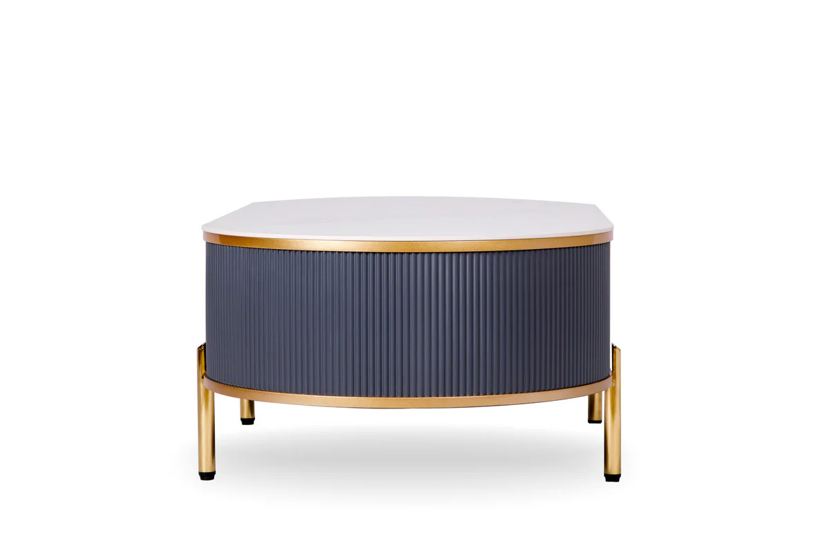 White And Gold Stone And Stainless Steel Oval Coffee Table With Drawer By Homeroots - Image 3