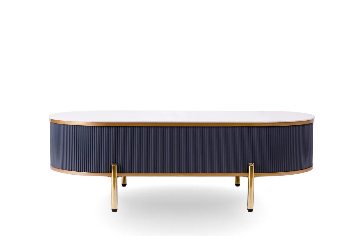 White And Gold Stone And Stainless Steel Oval Coffee Table With Drawer By Homeroots - Image 4