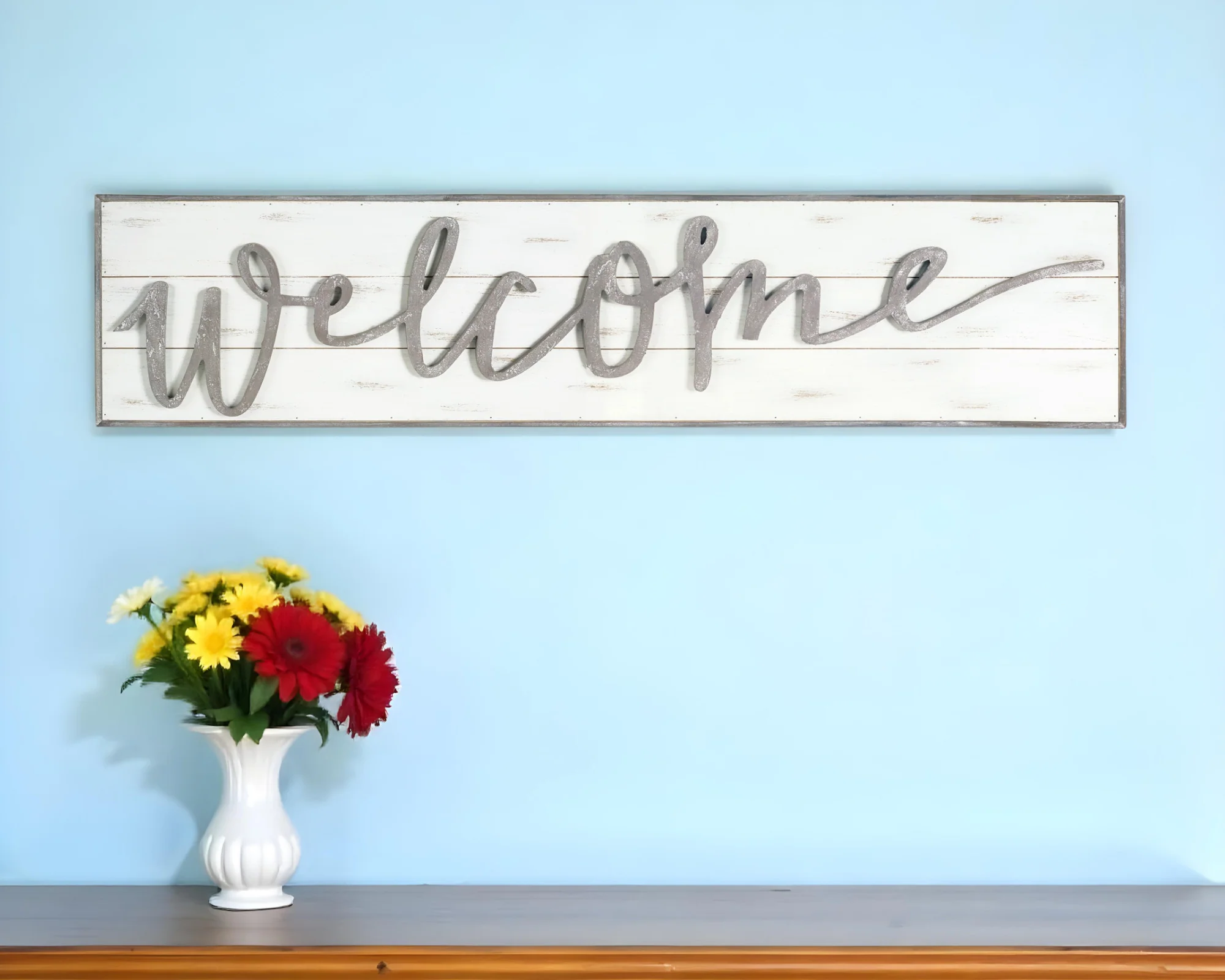White And Gray Welcome Solid and Manufactured Wood Wall Decor By Homeroots - Image 2