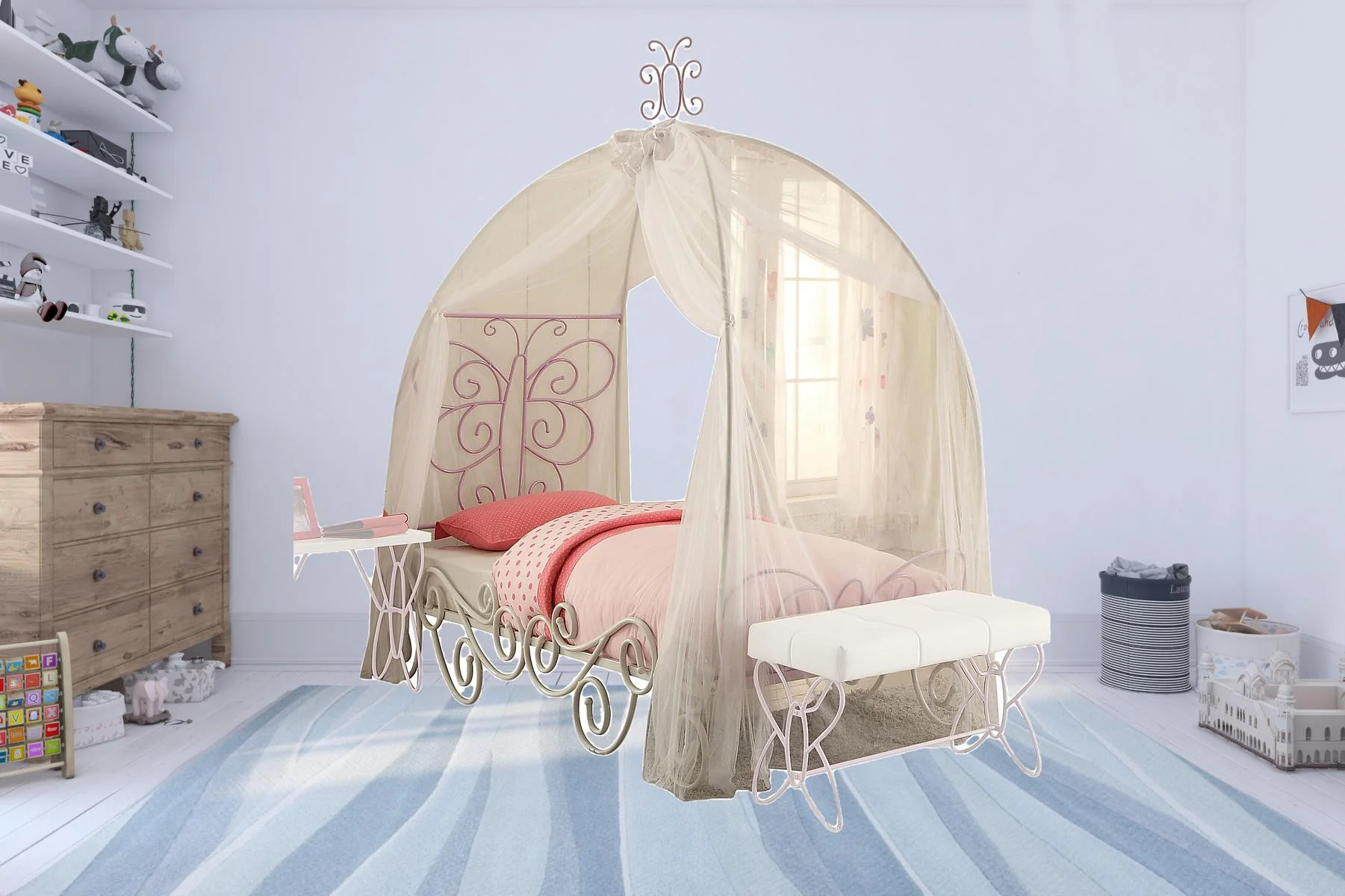 White And Lilac Scroll Butterfly Design Twin Canopy Bed By Homeroots - Image 2
