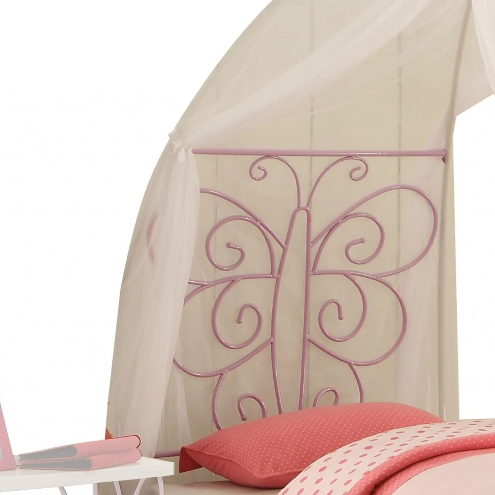 White And Lilac Scroll Butterfly Design Twin Canopy Bed By Homeroots - Image 3