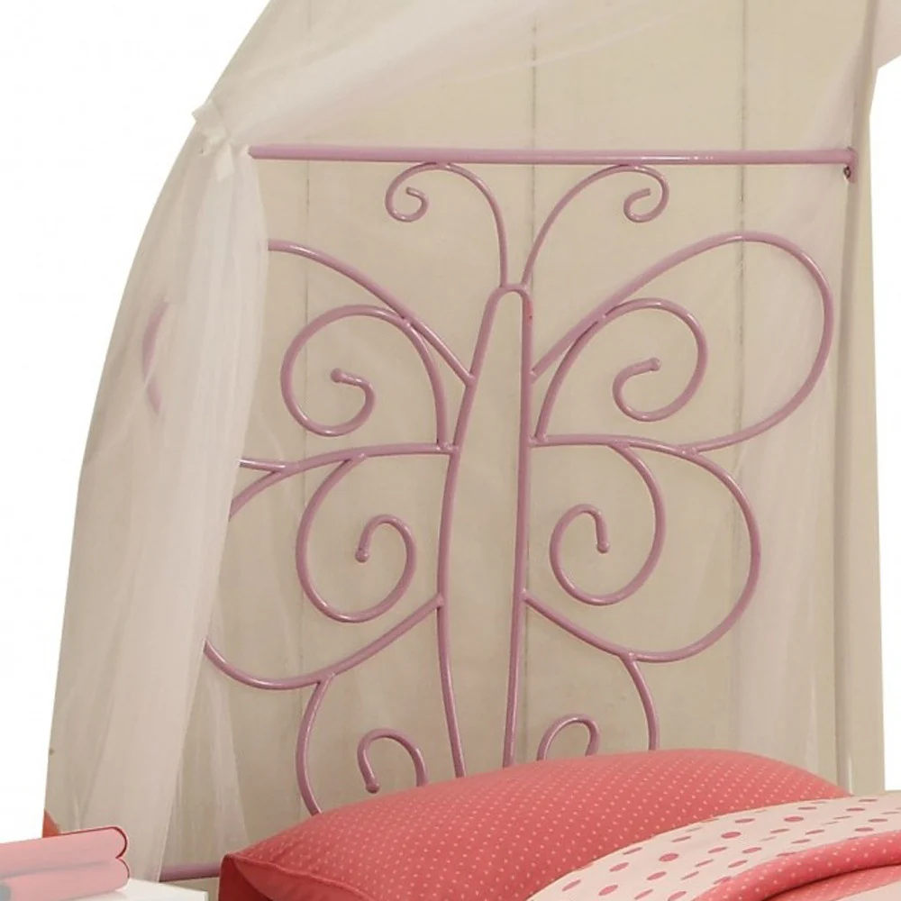 White And Lilac Scroll Butterfly Design Twin Canopy Bed By Homeroots - Image 4