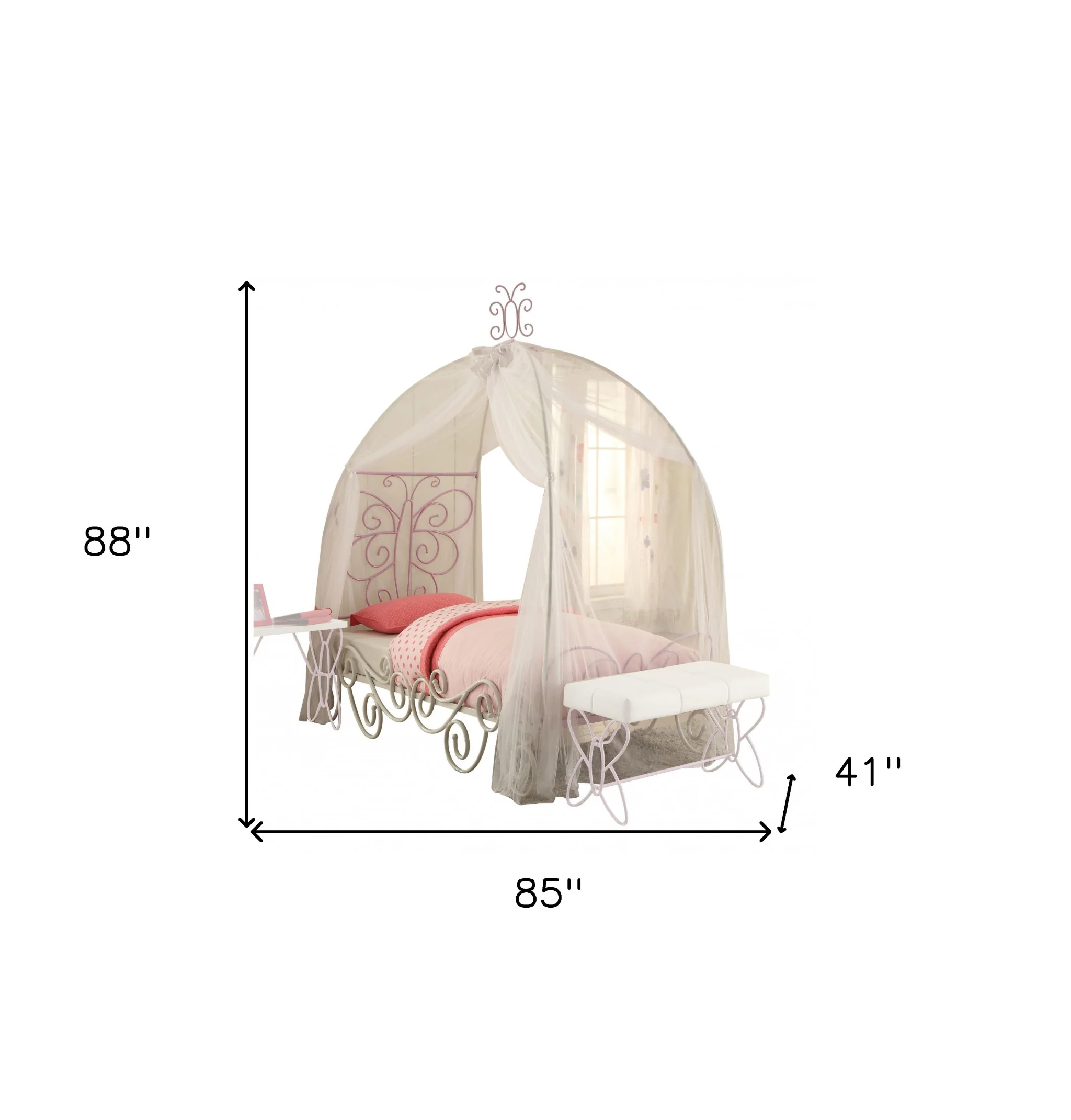 White And Lilac Scroll Butterfly Design Twin Canopy Bed By Homeroots - Image 5