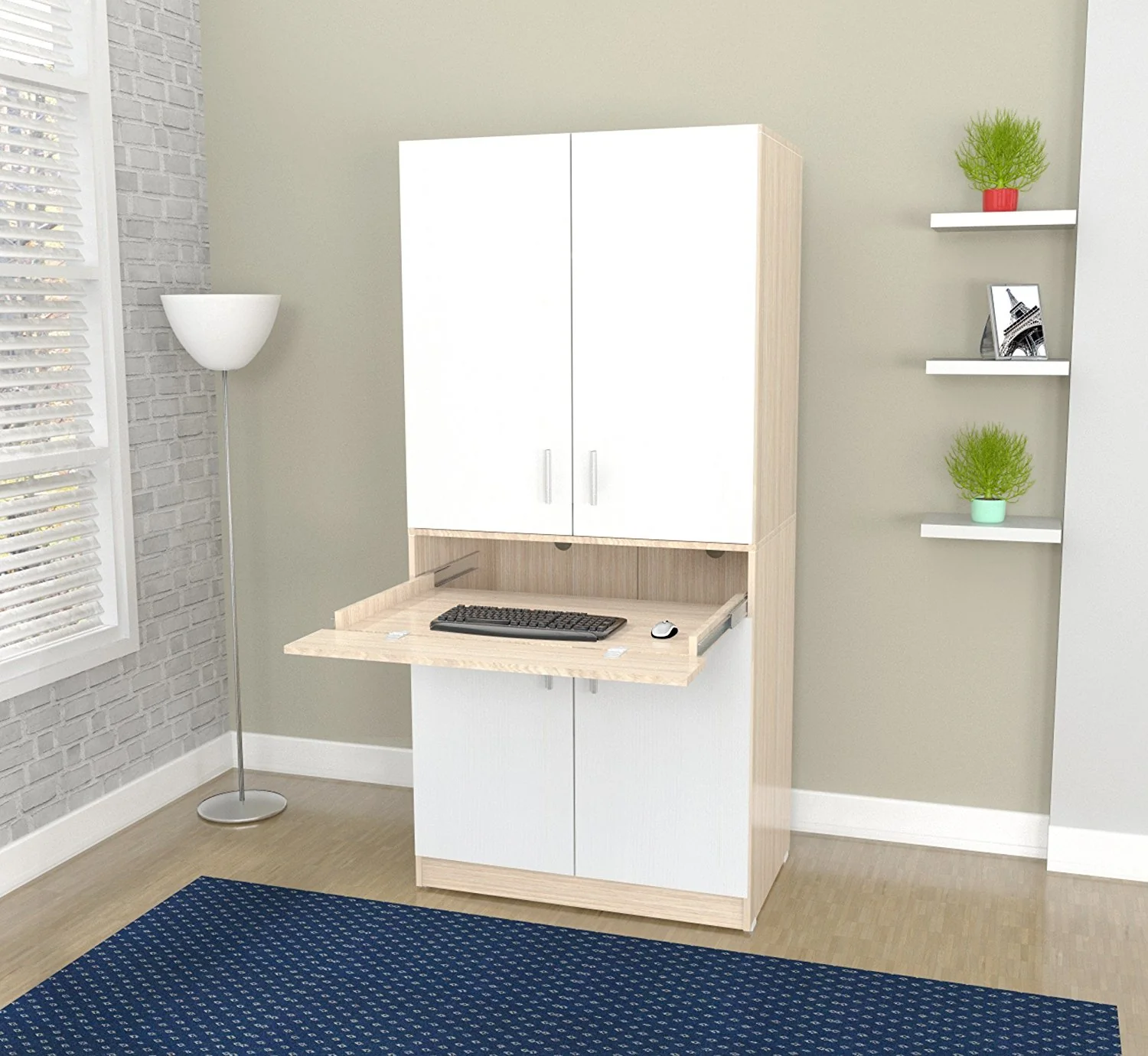 White and Natural Finish Wood Computer Hutch Desk By Homeroots - Image 6
