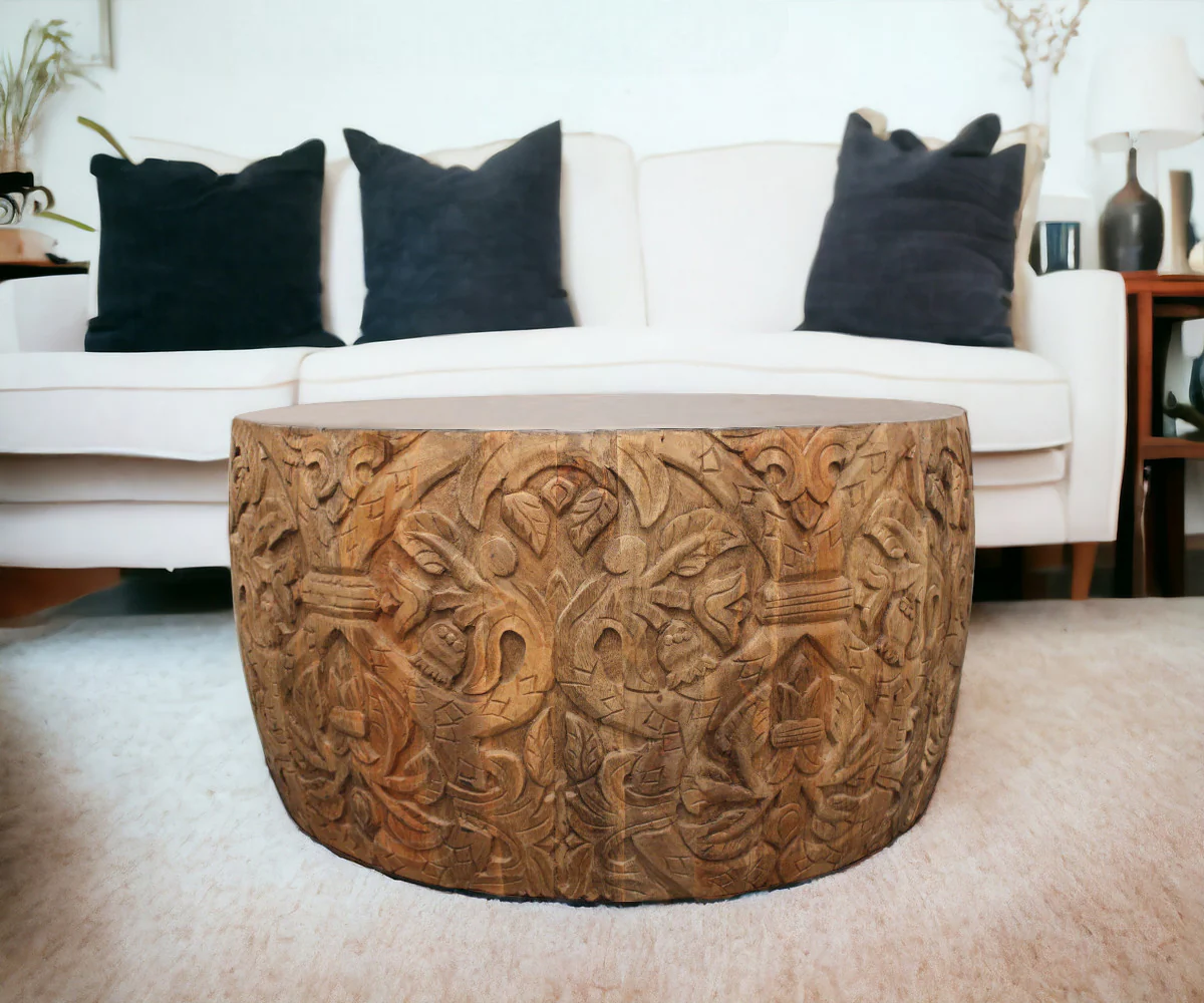 White and Natural Iron and Solid Wood Round Drum Coffee Table By Homeroots - Image 2