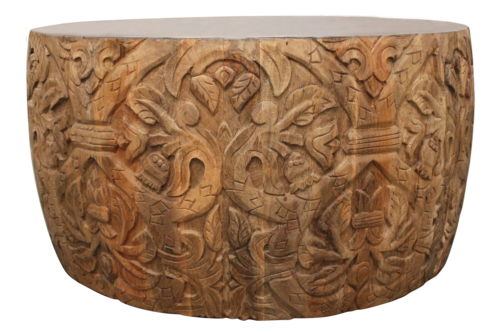 White and Natural Iron and Solid Wood Round Drum Coffee Table By Homeroots - Image 3