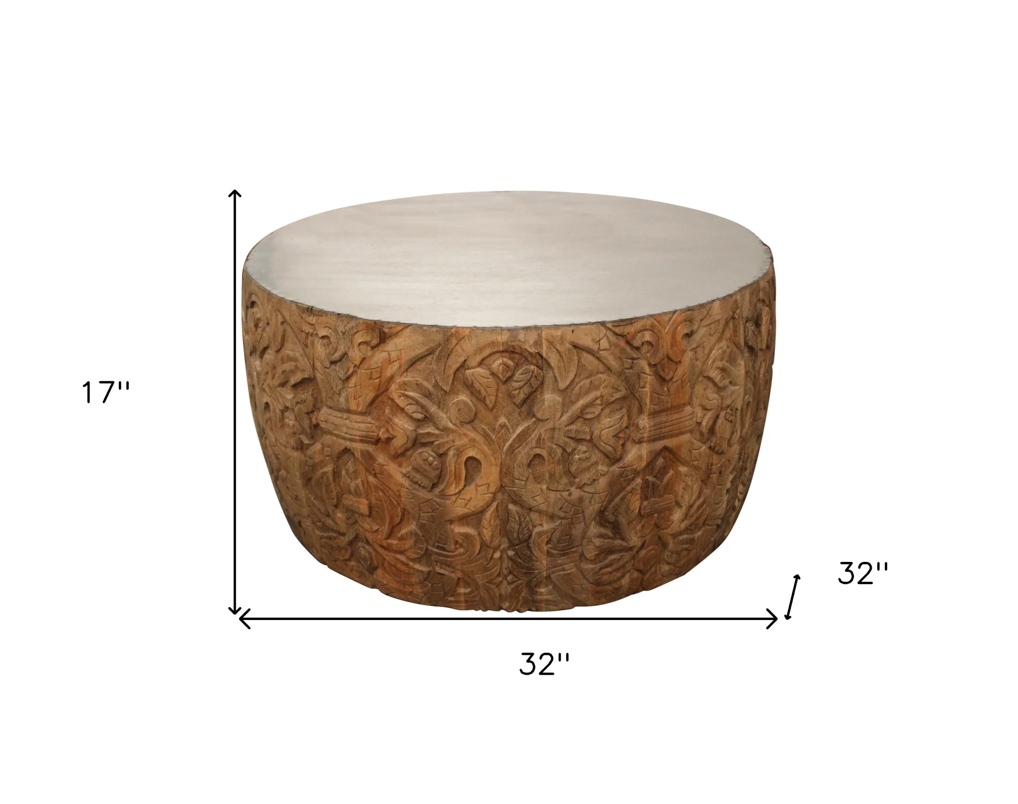 White and Natural Iron and Solid Wood Round Drum Coffee Table By Homeroots - Image 5