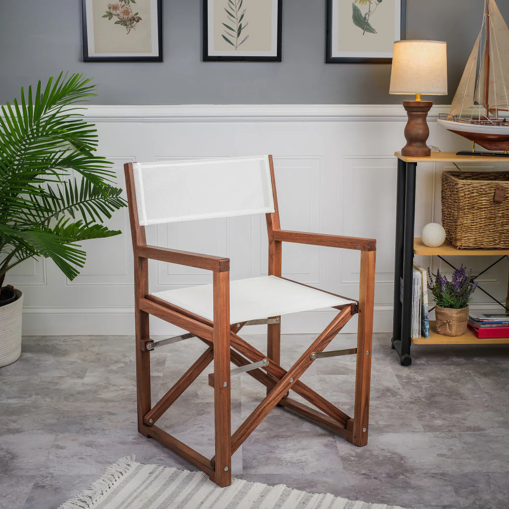 White and Natural Wood Solid Wood Indoor Outdoor Director Chair By Homeroots - Image 2
