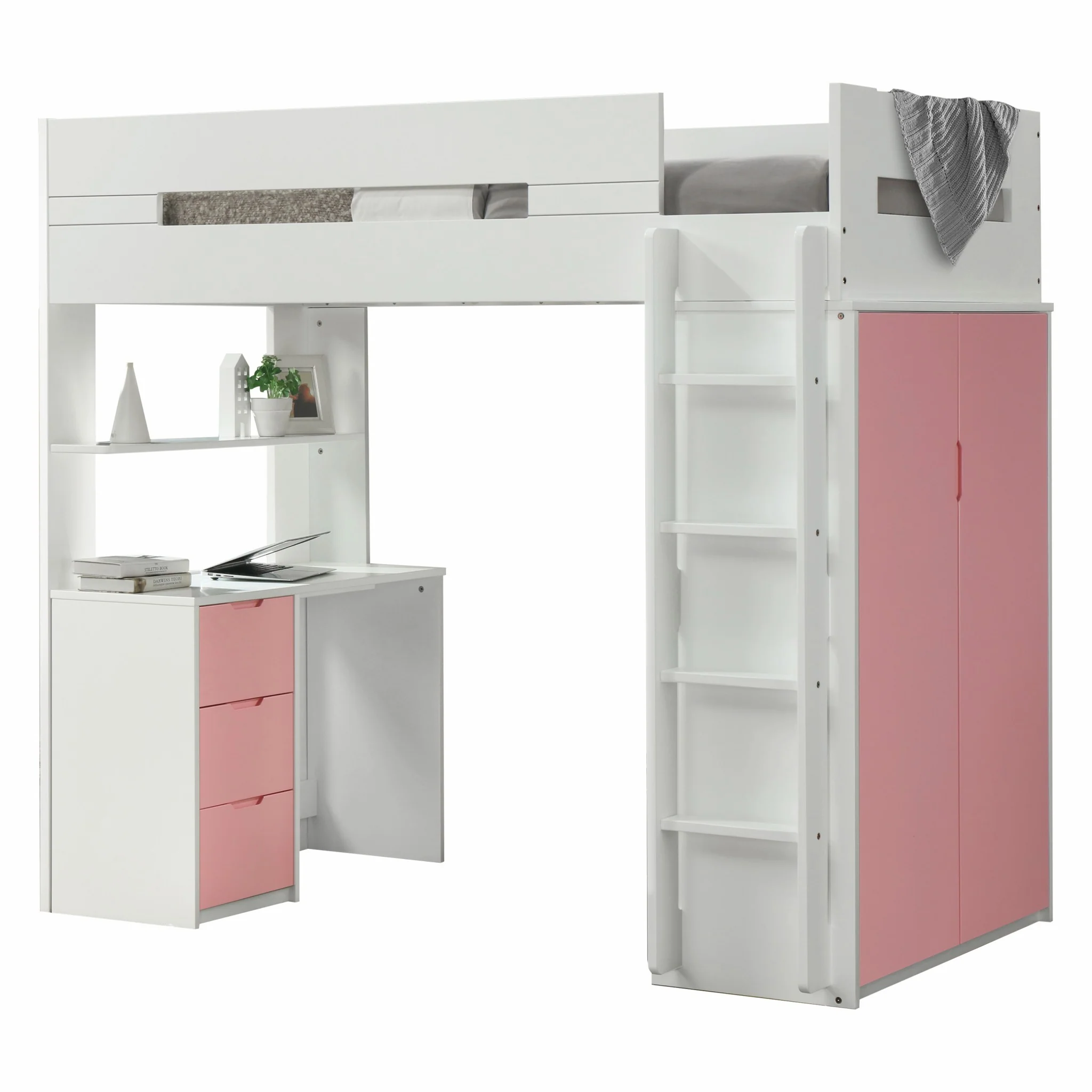 White And Pink Twin Loft Bed And Desk By Homeroots - Image 2