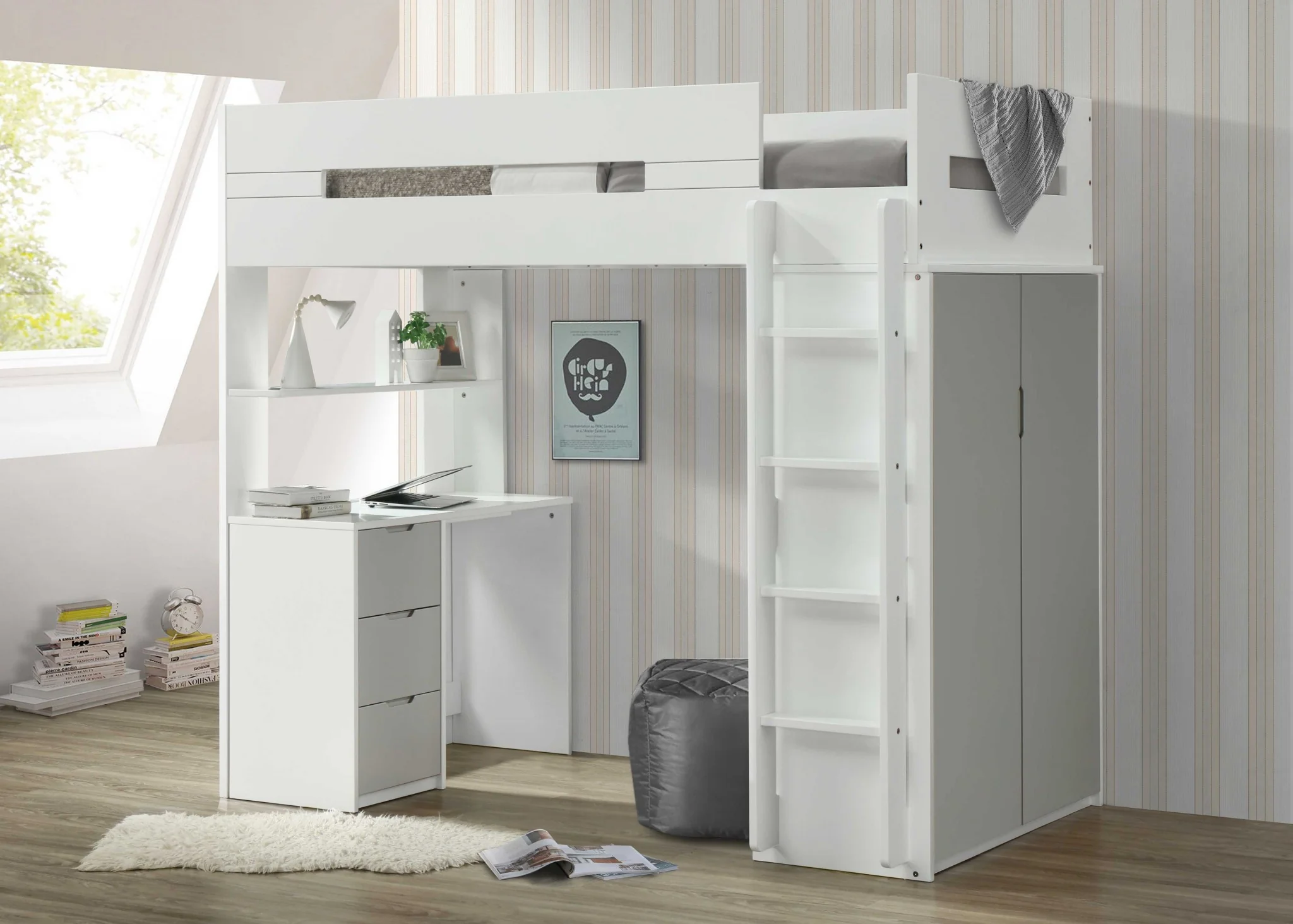 White And Pink Twin Loft Bed And Desk By Homeroots - Image 6