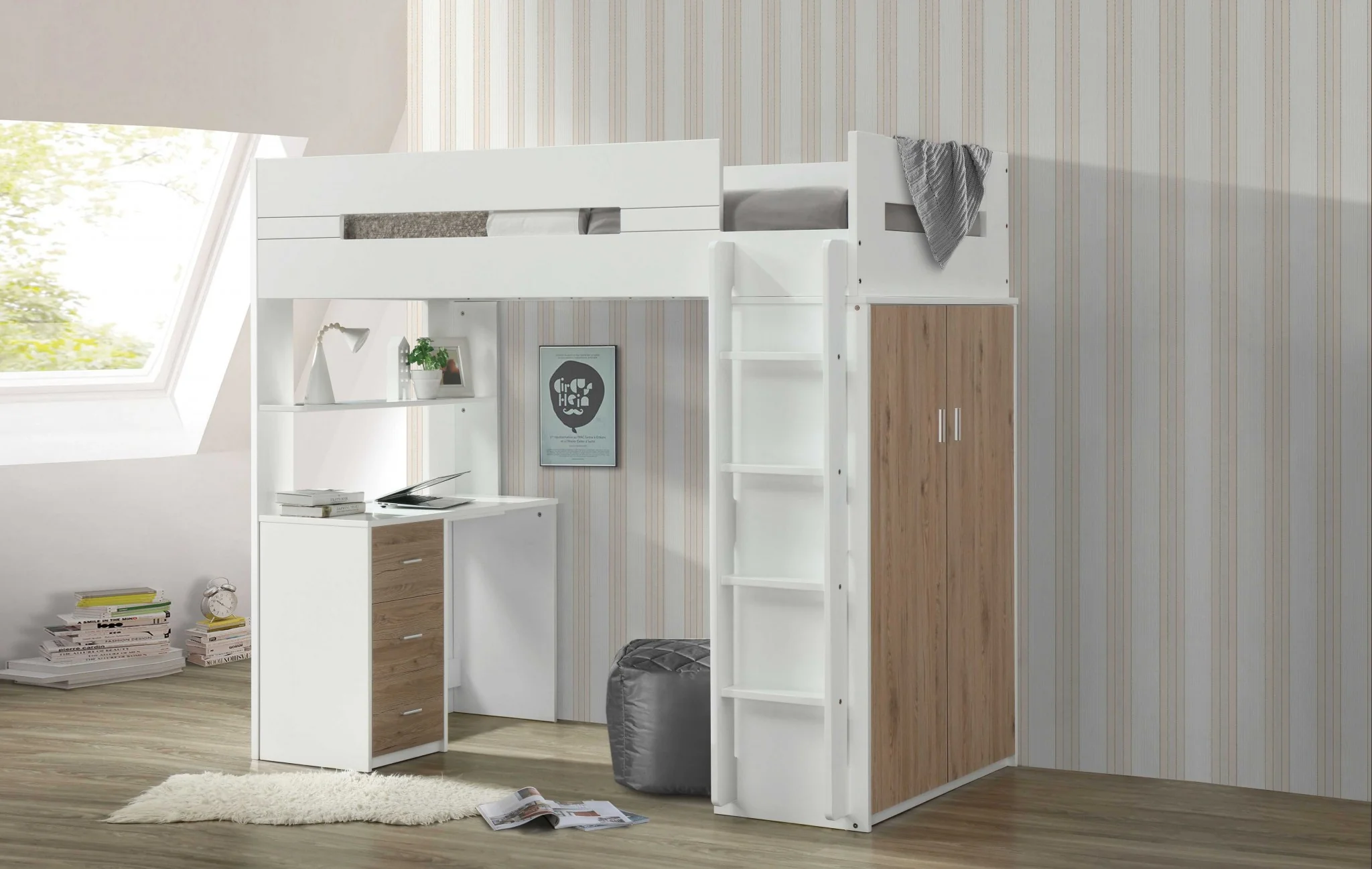 White And Pink Twin Loft Bed And Desk By Homeroots - Image 8