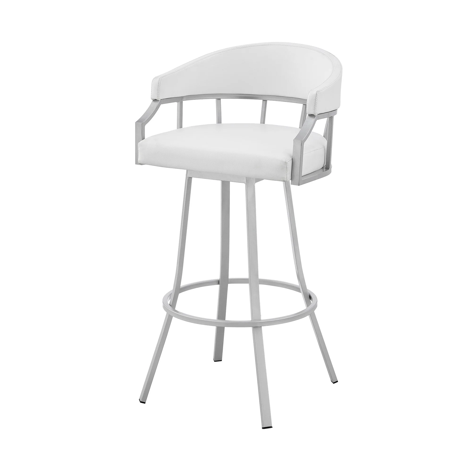 White And Silver Faux Leather And Iron Swivel Low Back Bar Height Bar Chair By Homeroots - Image 5