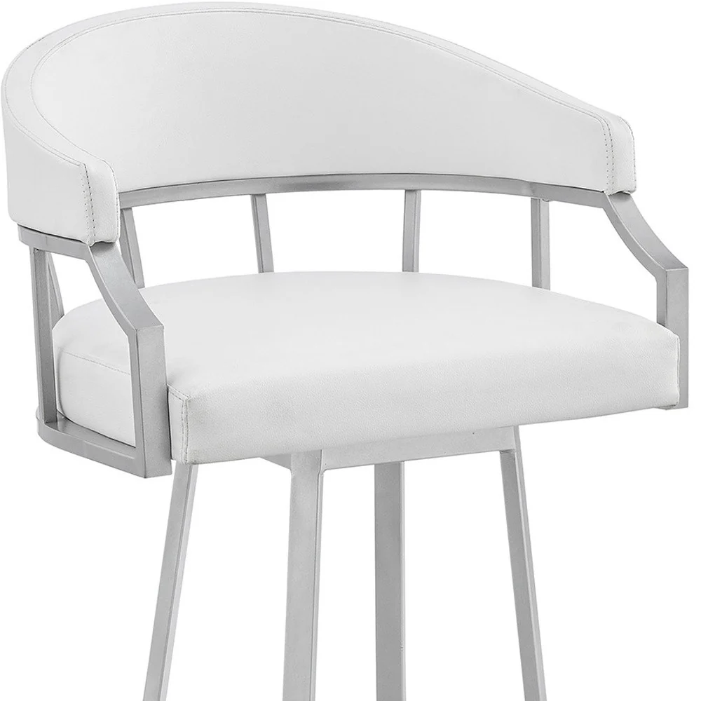 White And Silver Faux Leather And Iron Swivel Low Back Bar Height Bar Chair By Homeroots - Image 6