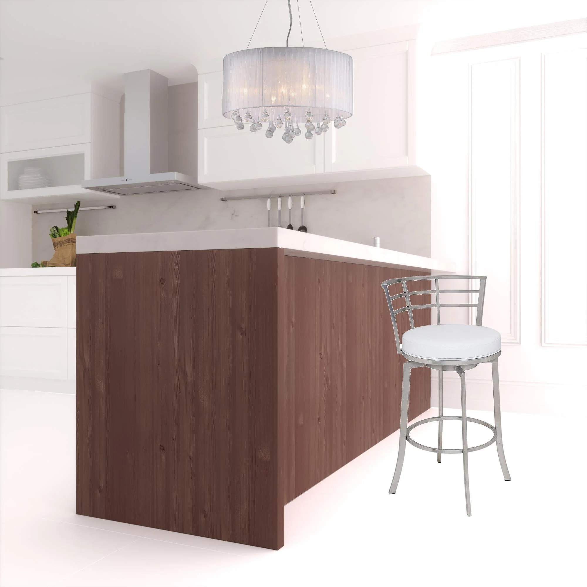 White And Silver Faux Leather And Iron Swivel Low Back Counter Height Bar Chair By Homeroots - Image 2