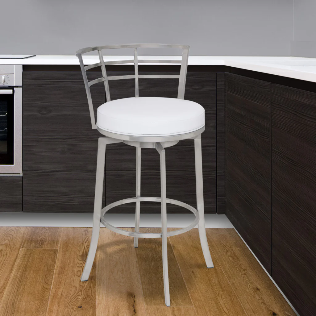 White And Silver Faux Leather And Iron Swivel Low Back Counter Height Bar Chair By Homeroots - Image 6
