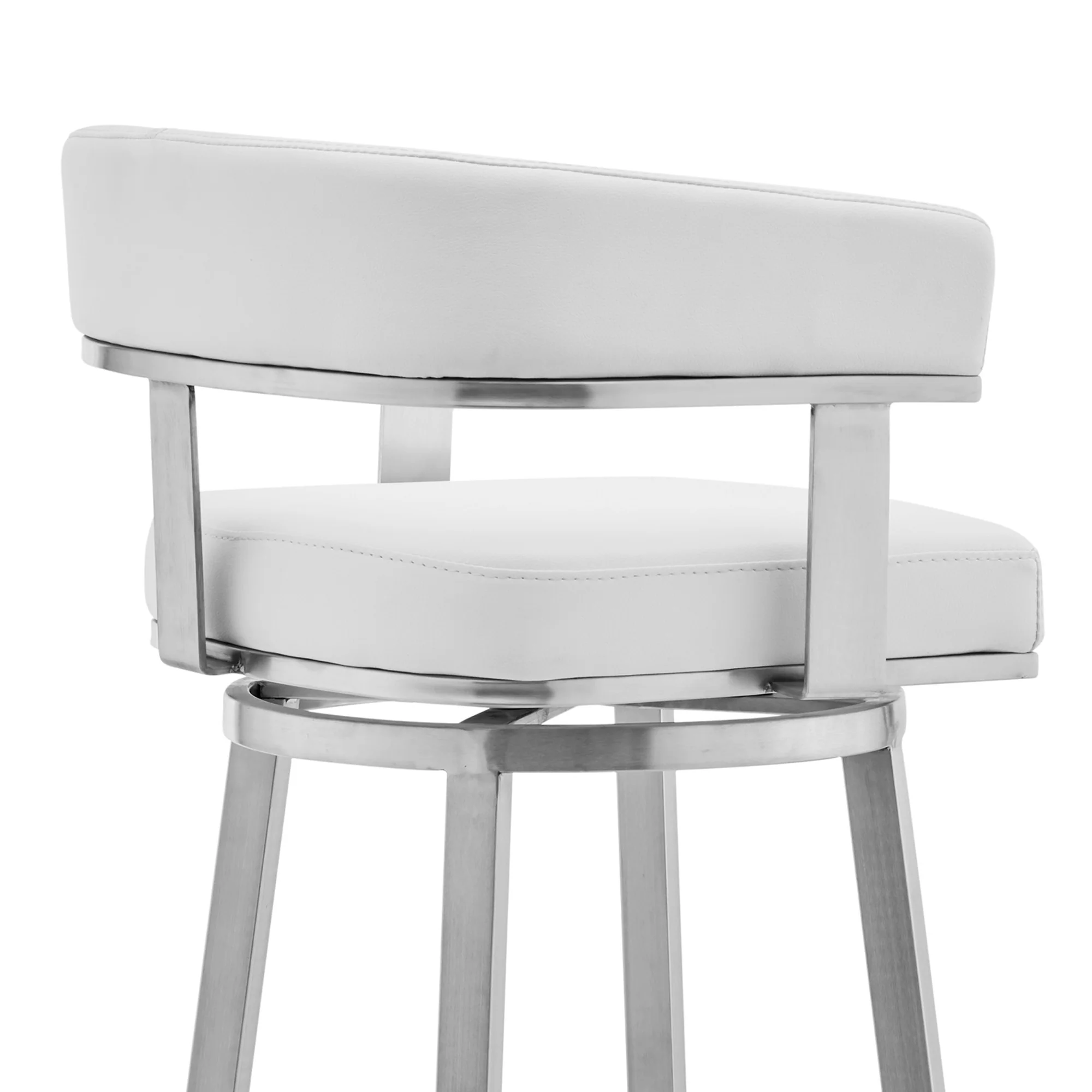 White and Silver Faux Leather Stainless Steel Low Back Bar Height Swivel Bar Chair By Homeroots - Image 3