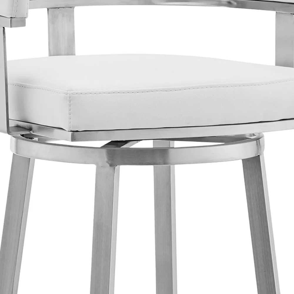 White and Silver Faux Leather Stainless Steel Low Back Bar Height Swivel Bar Chair By Homeroots - Image 5