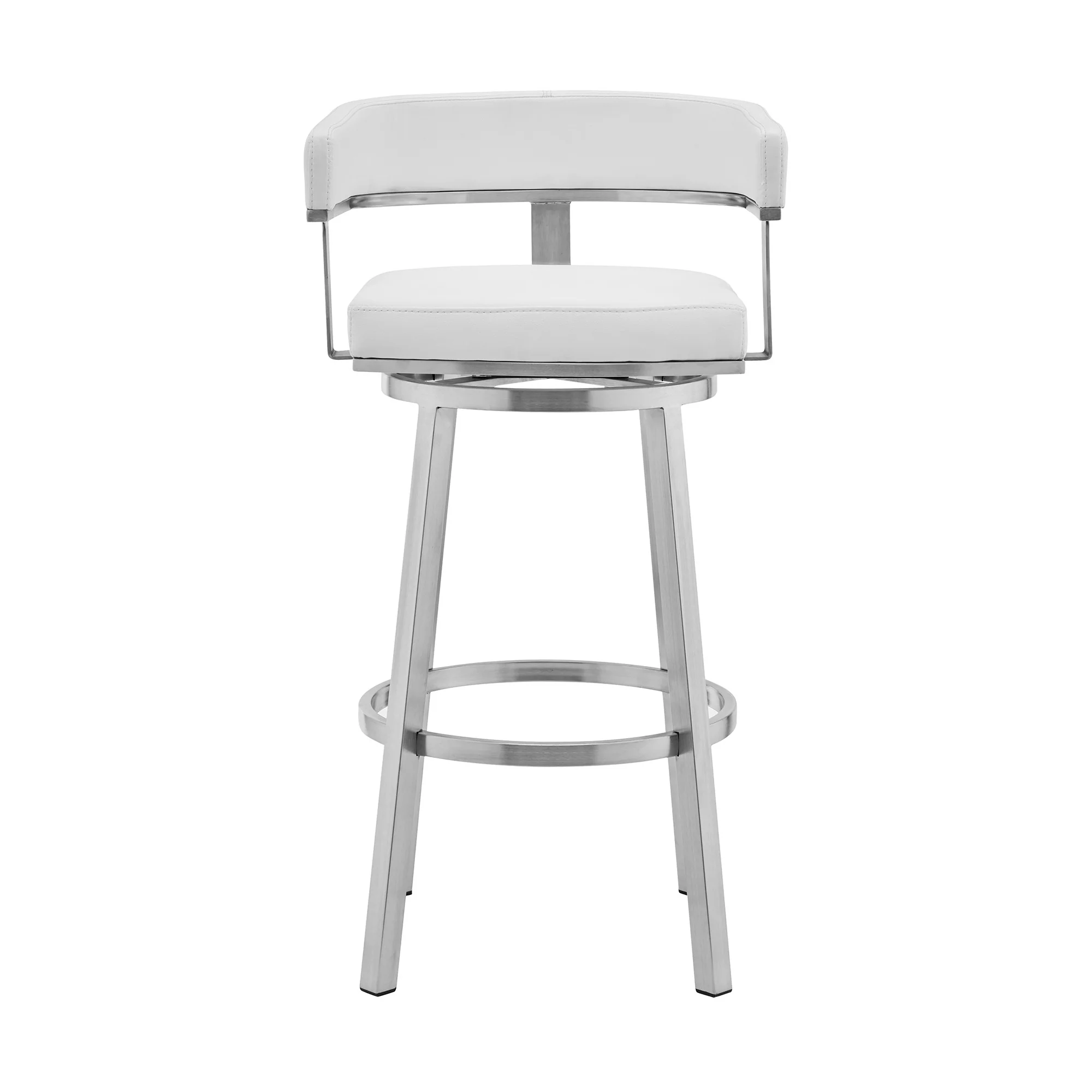 White and Silver Faux Leather Stainless Steel Low Back Bar Height Swivel Bar Chair By Homeroots - Image 7