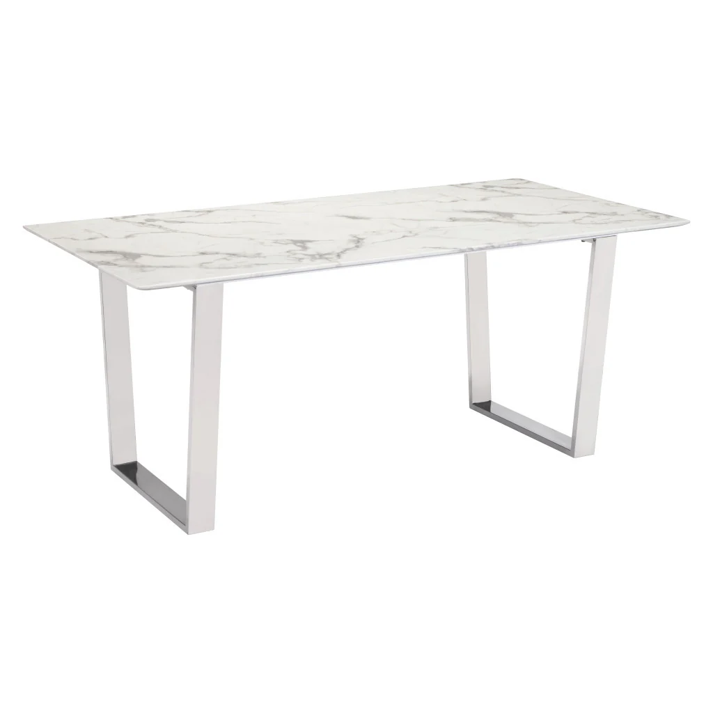 White And Silver Marble And Steel Sled Base Dining Table By Homeroots - Image 2