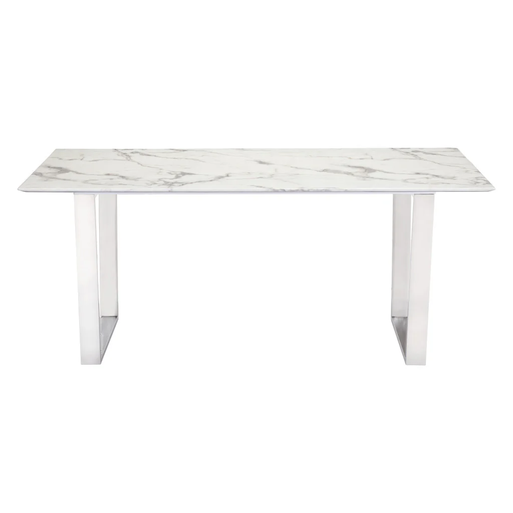 White And Silver Marble And Steel Sled Base Dining Table By Homeroots - Image 3