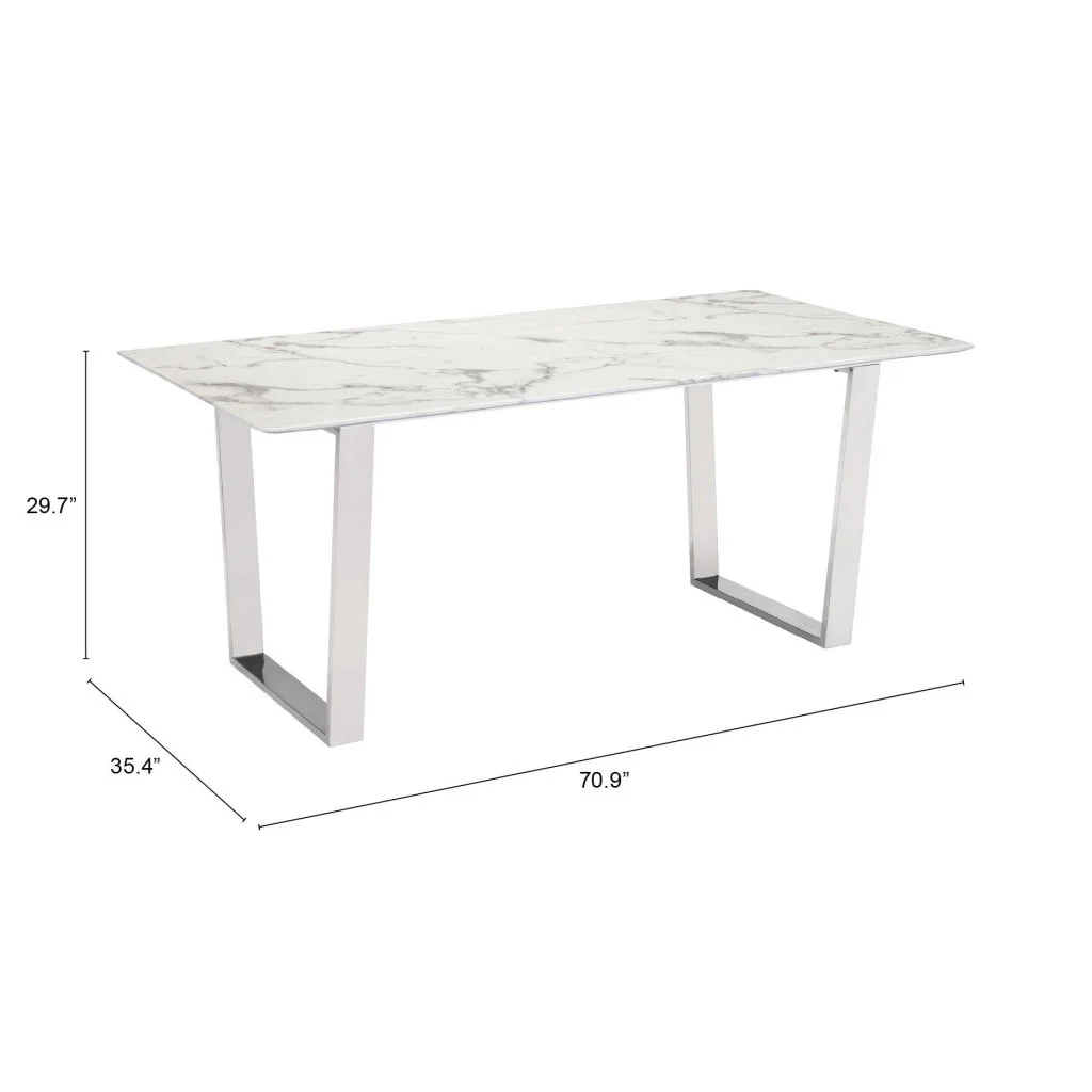 White And Silver Marble And Steel Sled Base Dining Table By Homeroots - Image 6