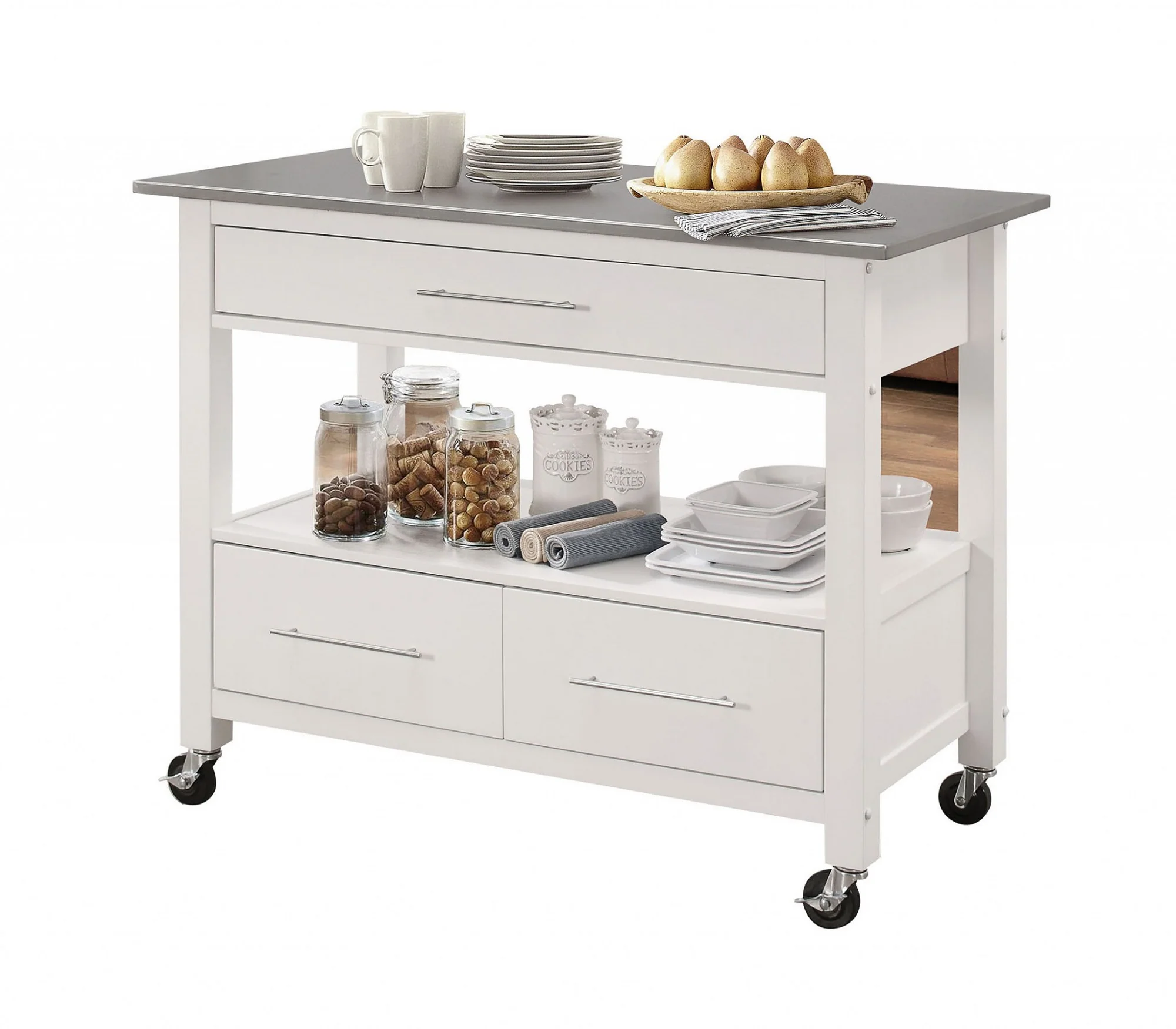 White And Stainless Rolling Kitchen Island Or Bar Cart By Homeroots - Image 5