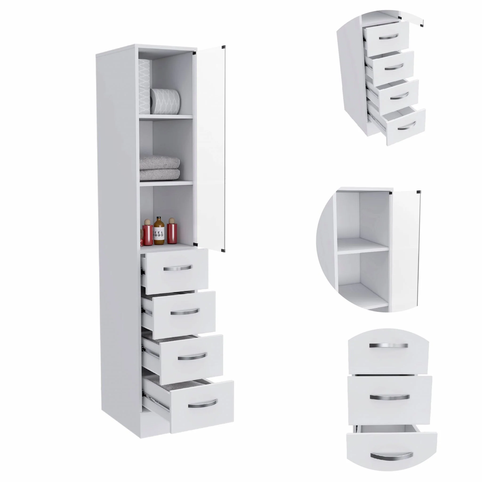 White Bathroom Storage Cabinet with Glass Door and Sliding Drawers By Homeroots - Image 4