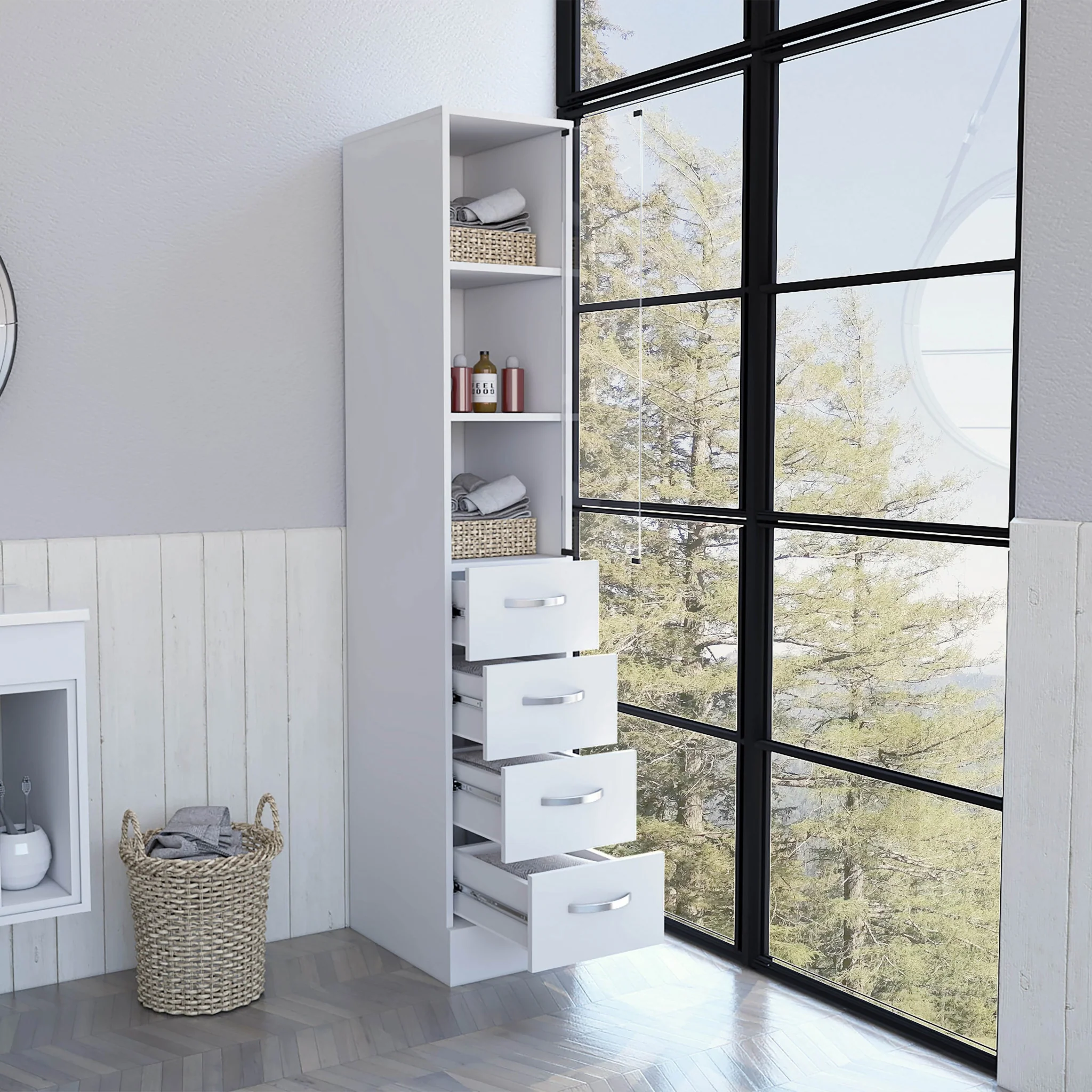 White Bathroom Storage Cabinet with Glass Door and Sliding Drawers By Homeroots - Image 5