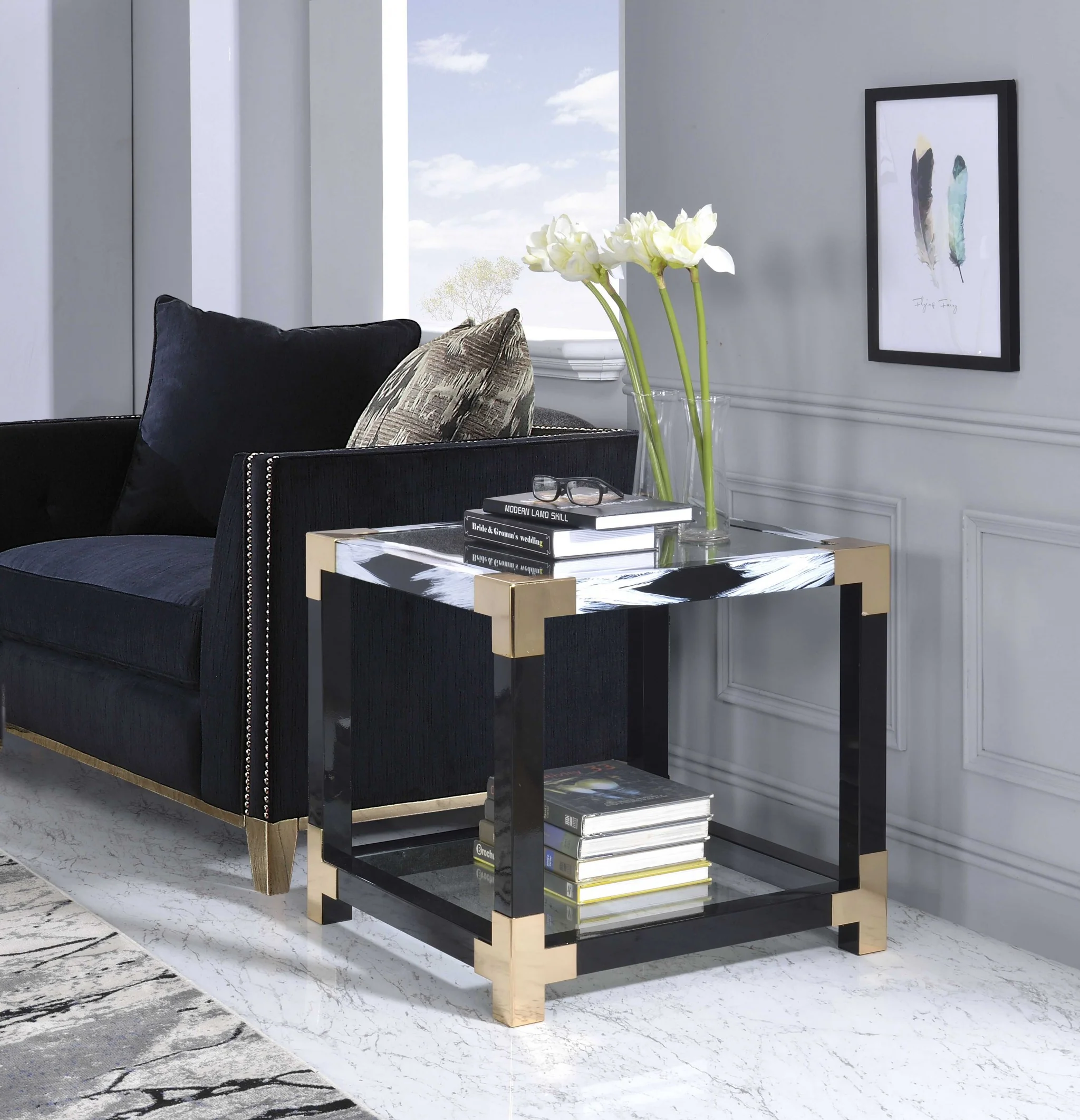 White Brushed Gold And Clear Glass End Table By Homeroots - Image 2