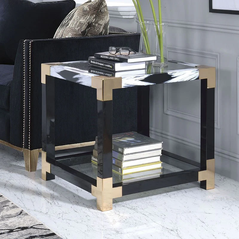 White Brushed Gold And Clear Glass End Table By Homeroots - Image 5