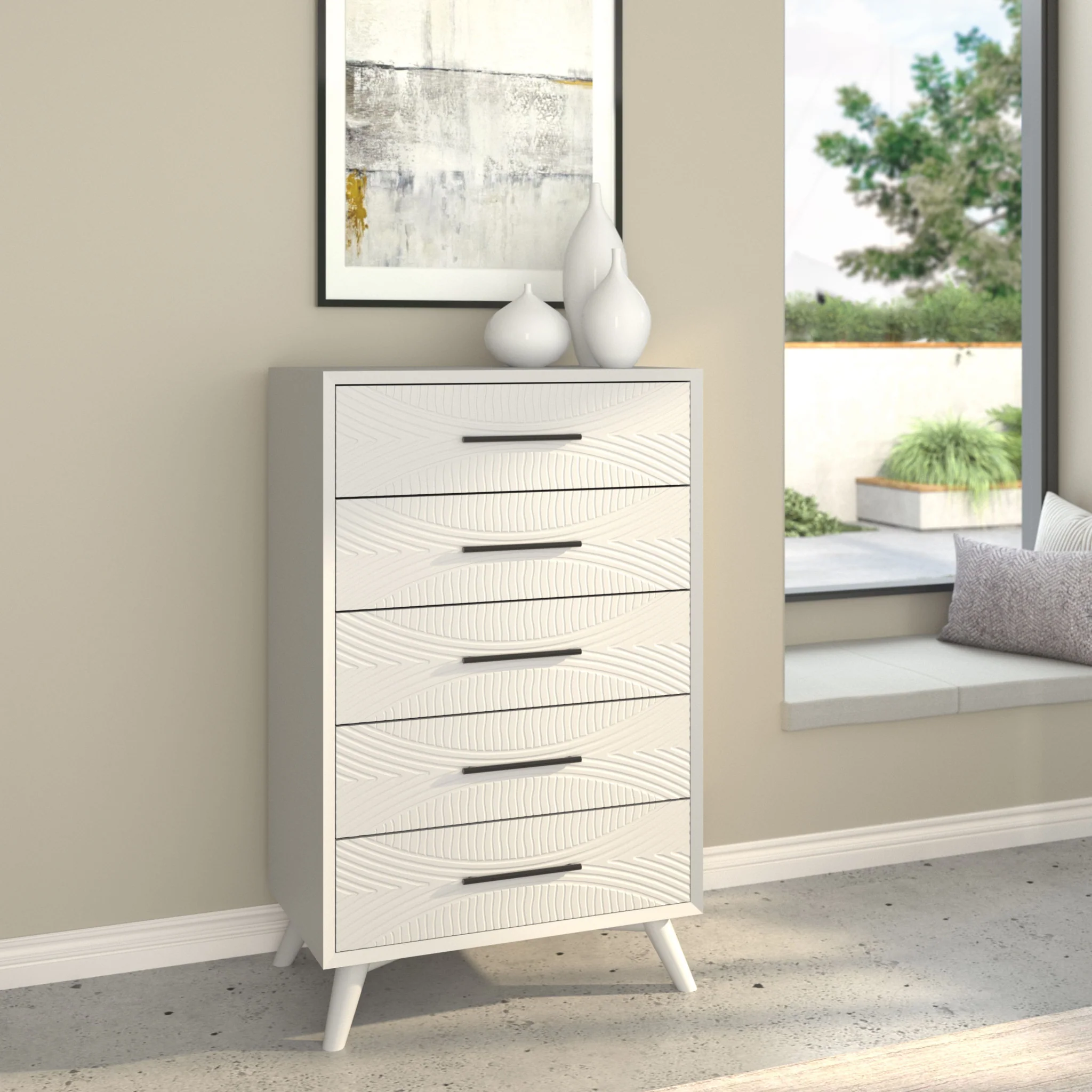 White Carved Geometric Solid Wood Five Drawer Dresser By Homeroots - Image 5