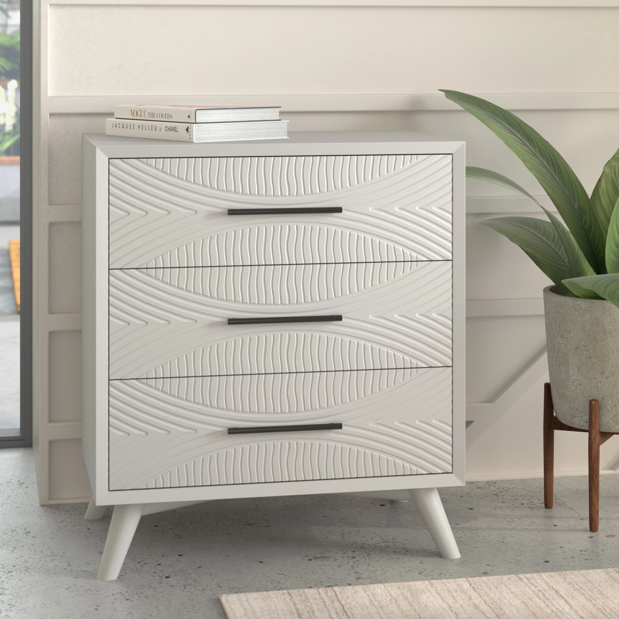 White Carved Geometric Solid Wood Three Drawer Dresser By Homeroots - Image 4