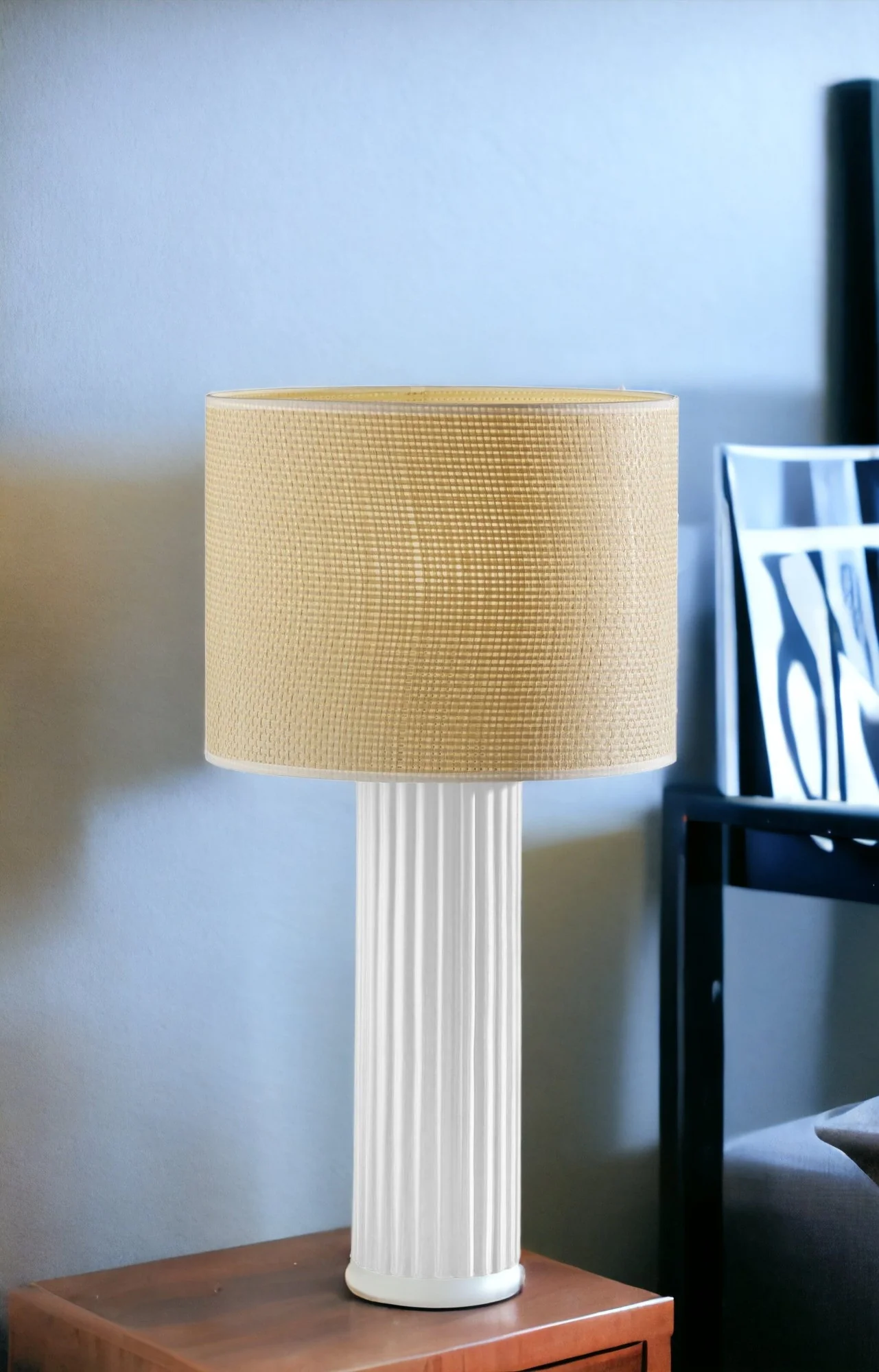 White Ceramic Cylinder Table Lamp With Beige Drum Shade By Homeroots - Image 2