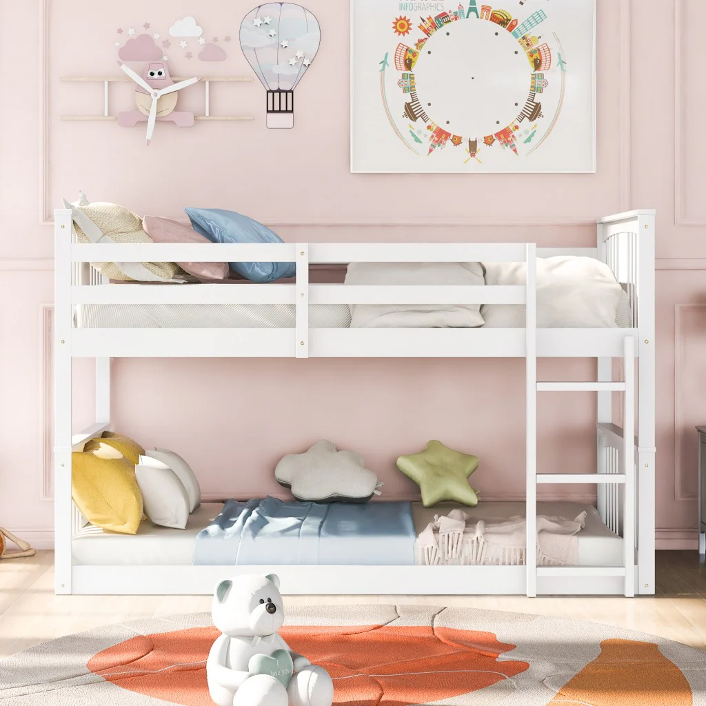White Classic Twin Over Twin Bunk Bed With Ladder By Homeroots - Image 2