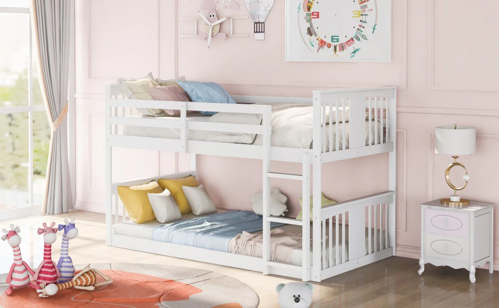 White Classic Twin Over Twin Bunk Bed With Ladder By Homeroots - Image 3