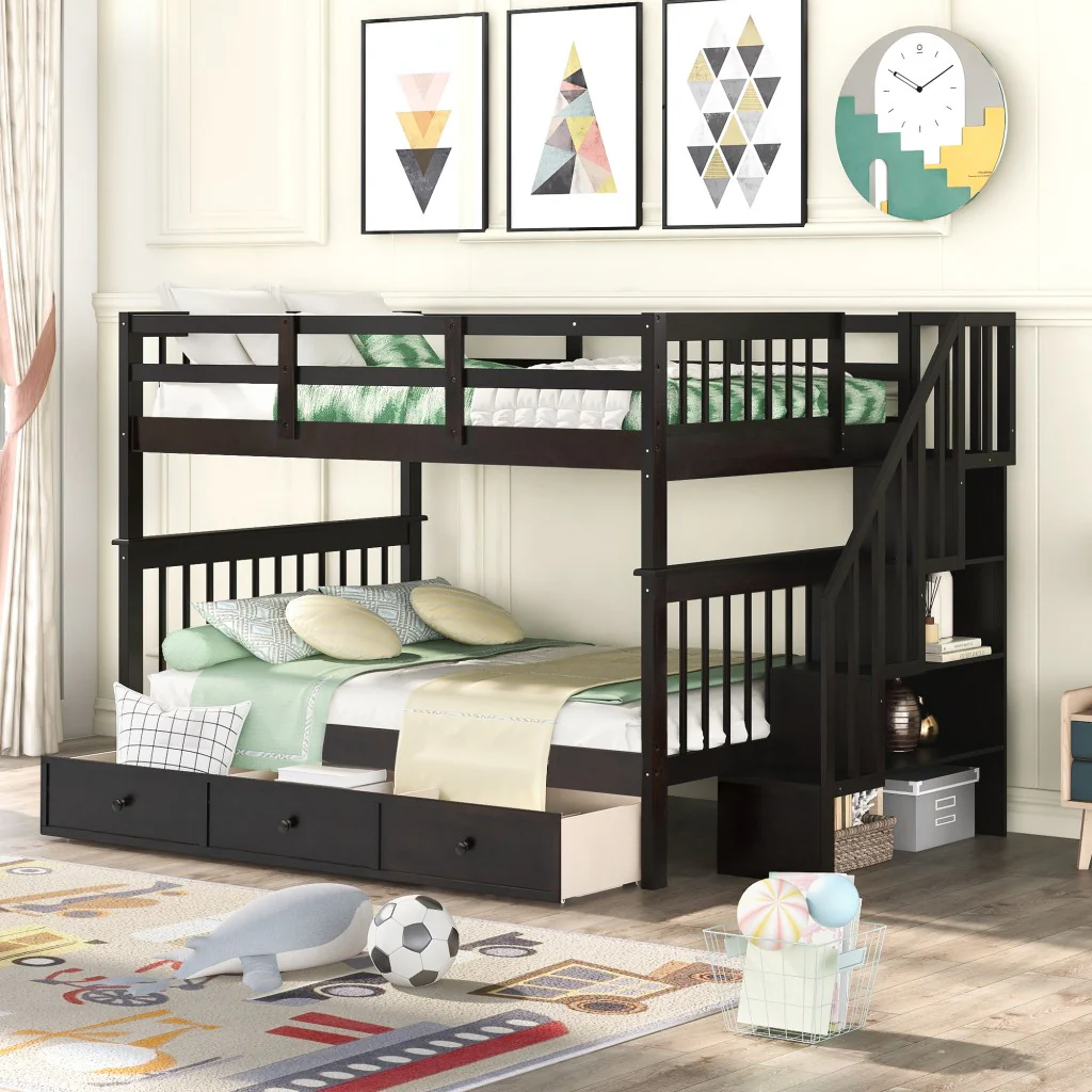White Double Full Size Stairway Bunk Bed With Drawer By Homeroots - Image 10