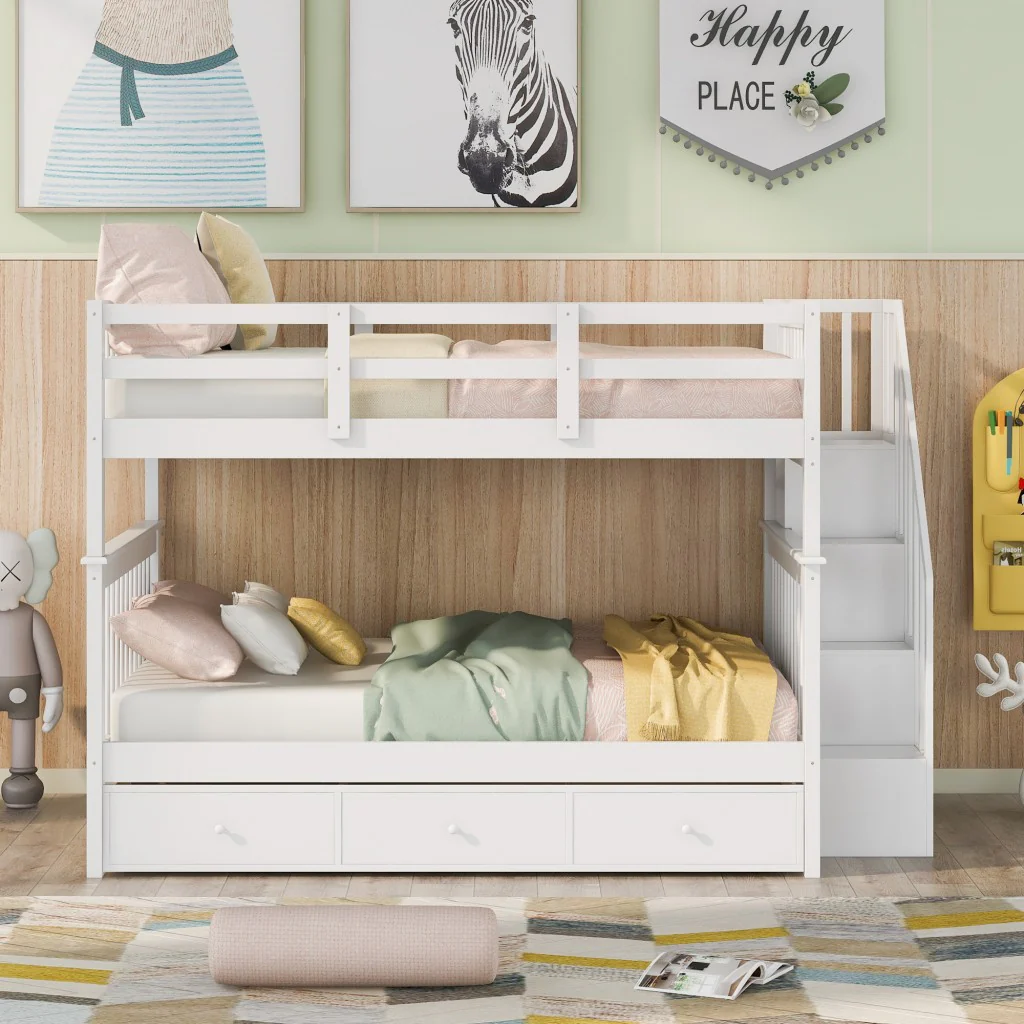 White Double Full Size Stairway Bunk Bed With Drawer By Homeroots - Image 2