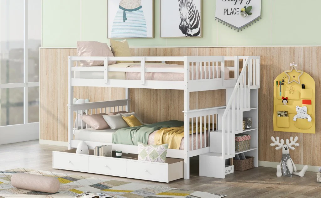 White Double Full Size Stairway Bunk Bed With Drawer By Homeroots - Image 3