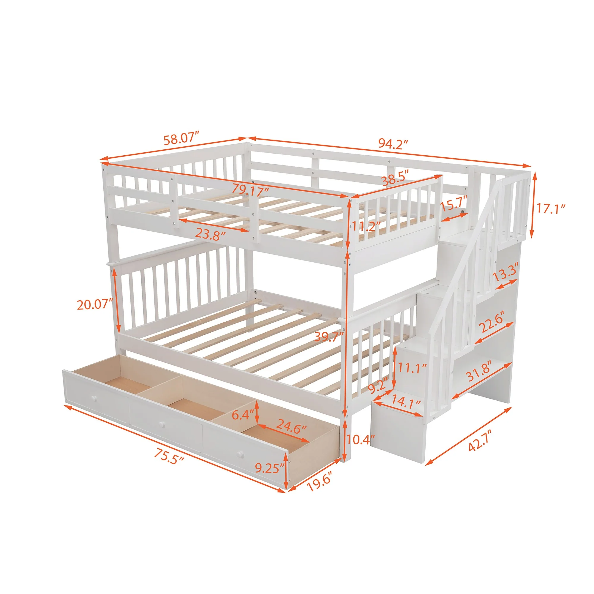 White Double Full Size Stairway Bunk Bed With Drawer By Homeroots - Image 7