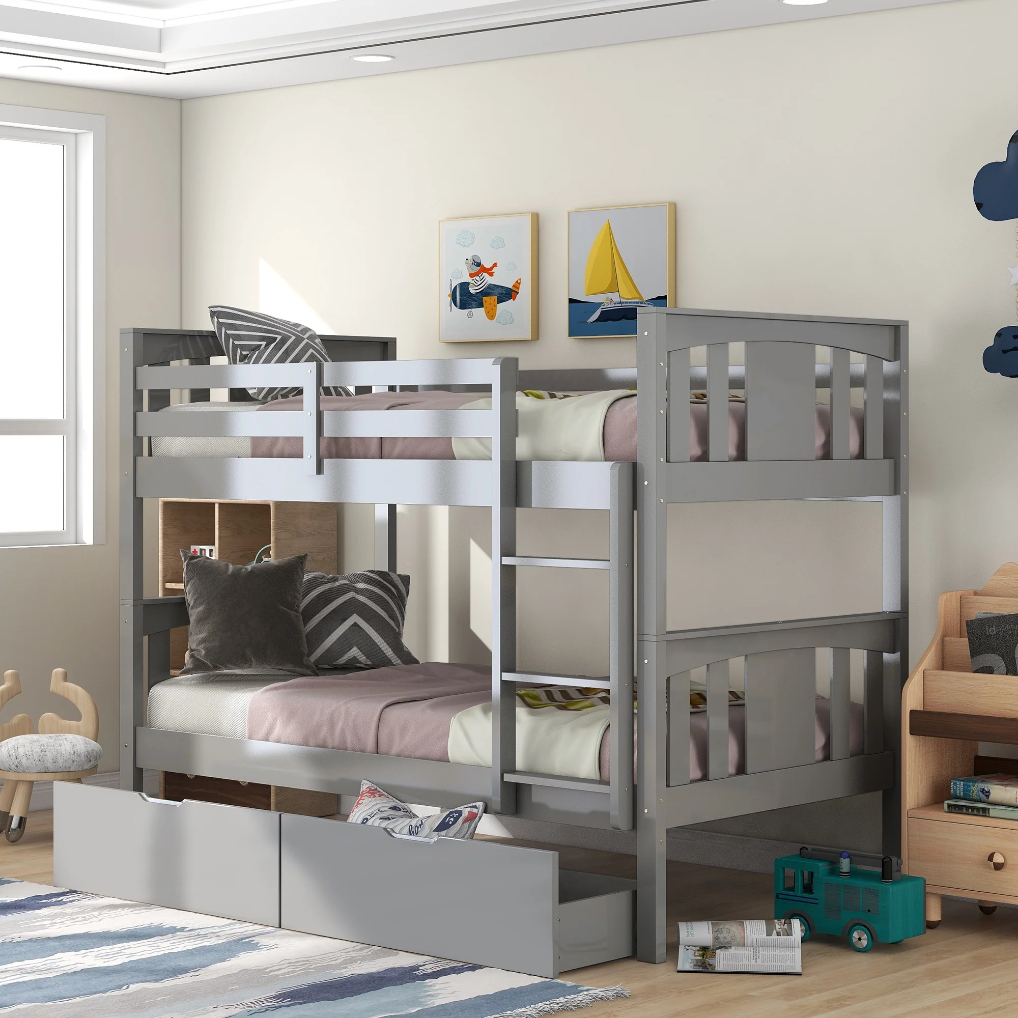 White Double Twin Size Ladder Bunk Bed With Drawers By Homeroots - Image 10