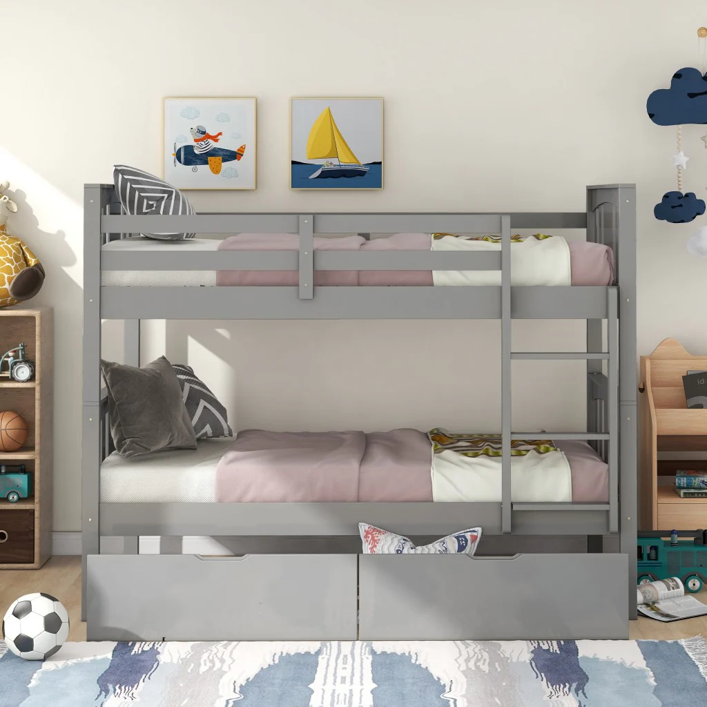 White Double Twin Size Ladder Bunk Bed With Drawers By Homeroots - Image 11