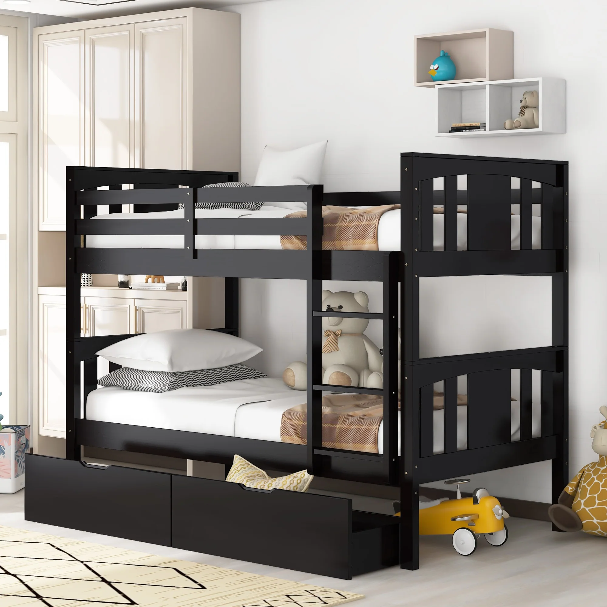 White Double Twin Size Ladder Bunk Bed With Drawers By Homeroots - Image 19