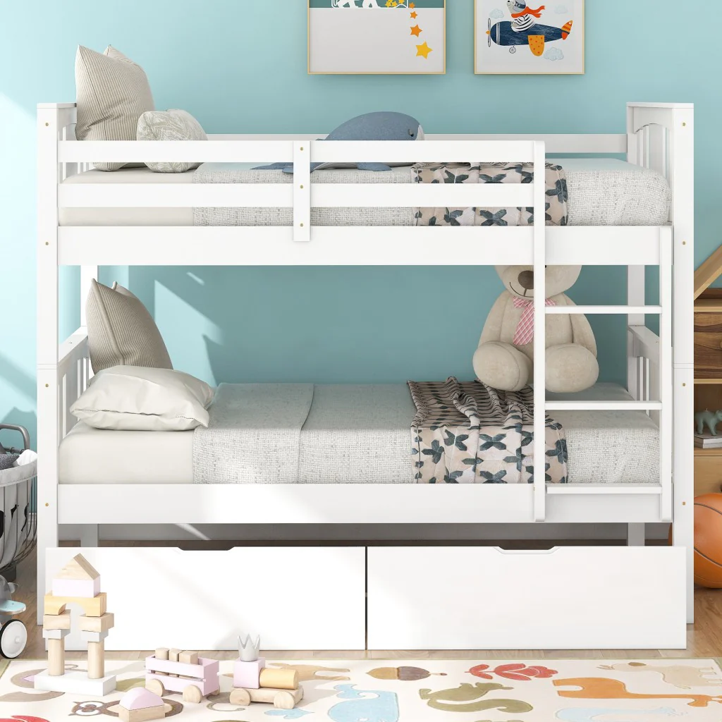 White Double Twin Size Ladder Bunk Bed With Drawers By Homeroots - Image 2