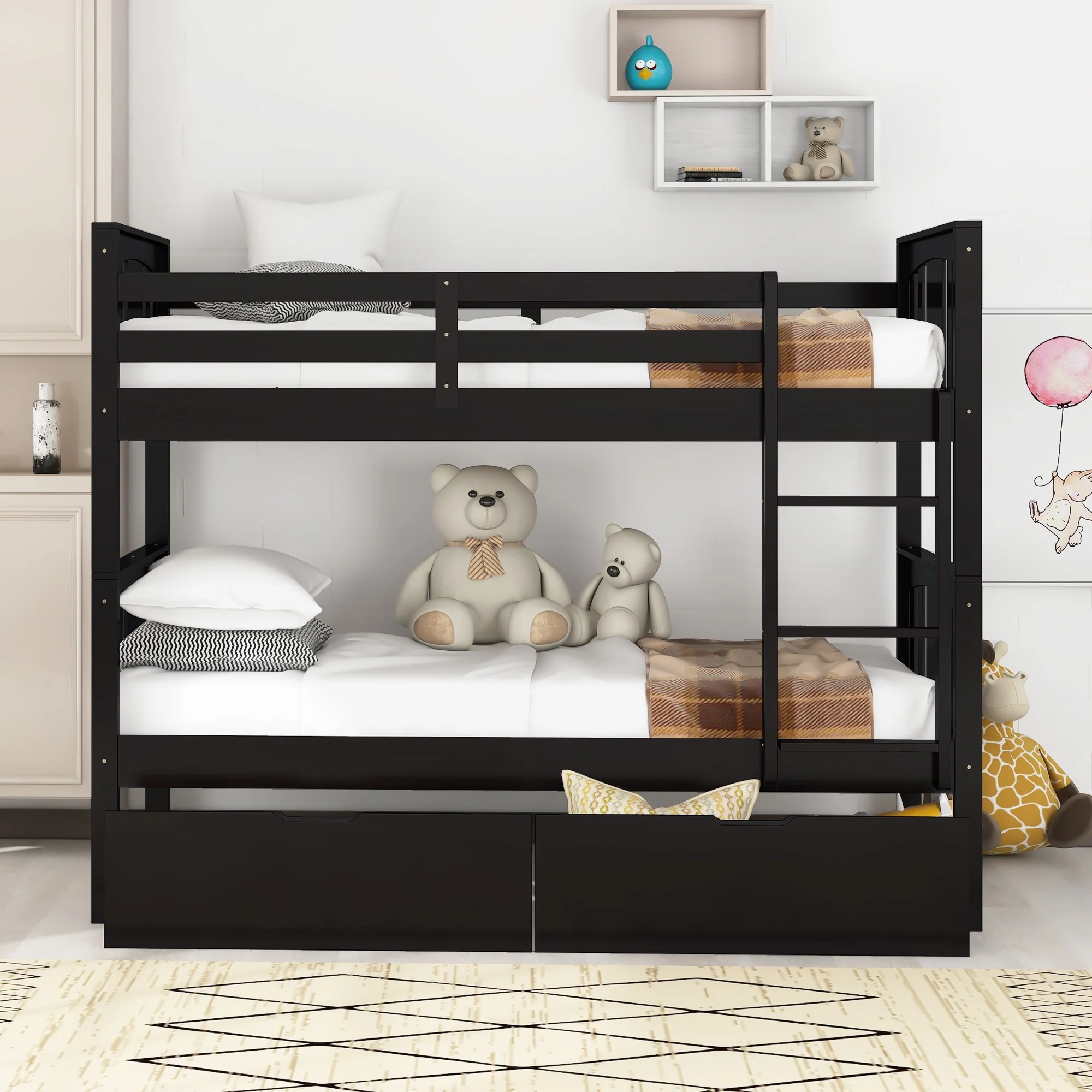 White Double Twin Size Ladder Bunk Bed With Drawers By Homeroots - Image 20