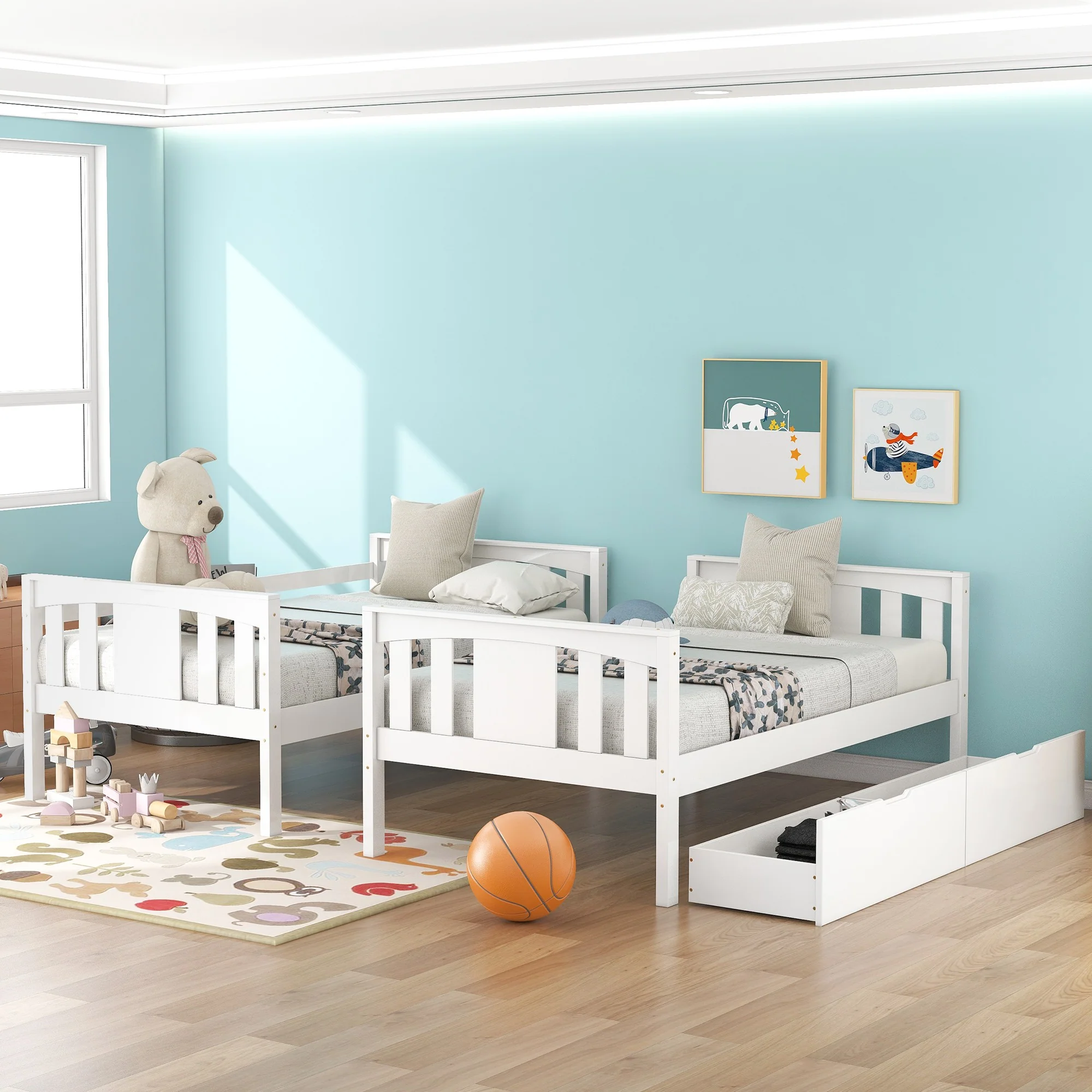 White Double Twin Size Ladder Bunk Bed With Drawers By Homeroots - Image 3