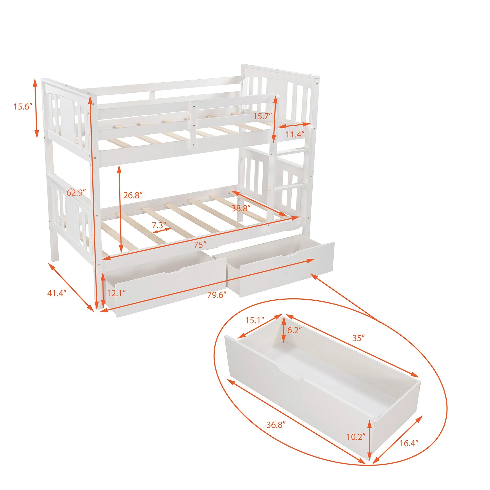 White Double Twin Size Ladder Bunk Bed With Drawers By Homeroots - Image 6