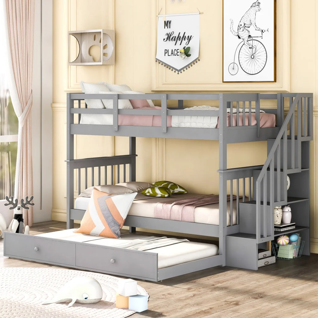 White Double Twin Size Stairway Bunk Bed By Homeroots - Image 10