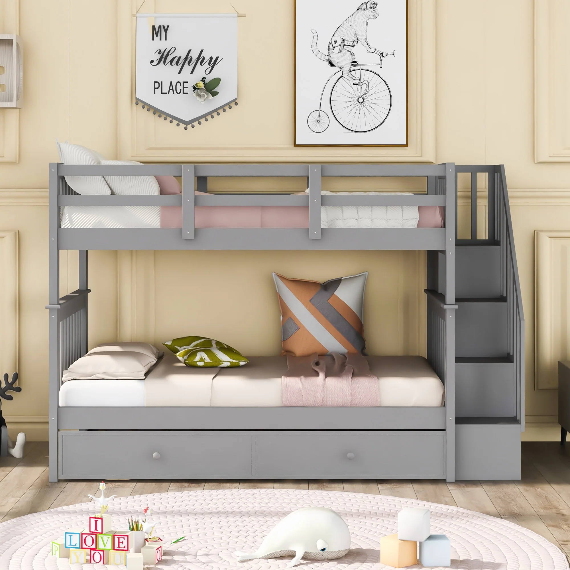 White Double Twin Size Stairway Bunk Bed By Homeroots - Image 11