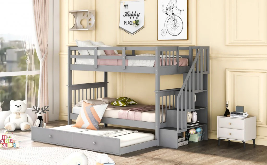 White Double Twin Size Stairway Bunk Bed By Homeroots - Image 12
